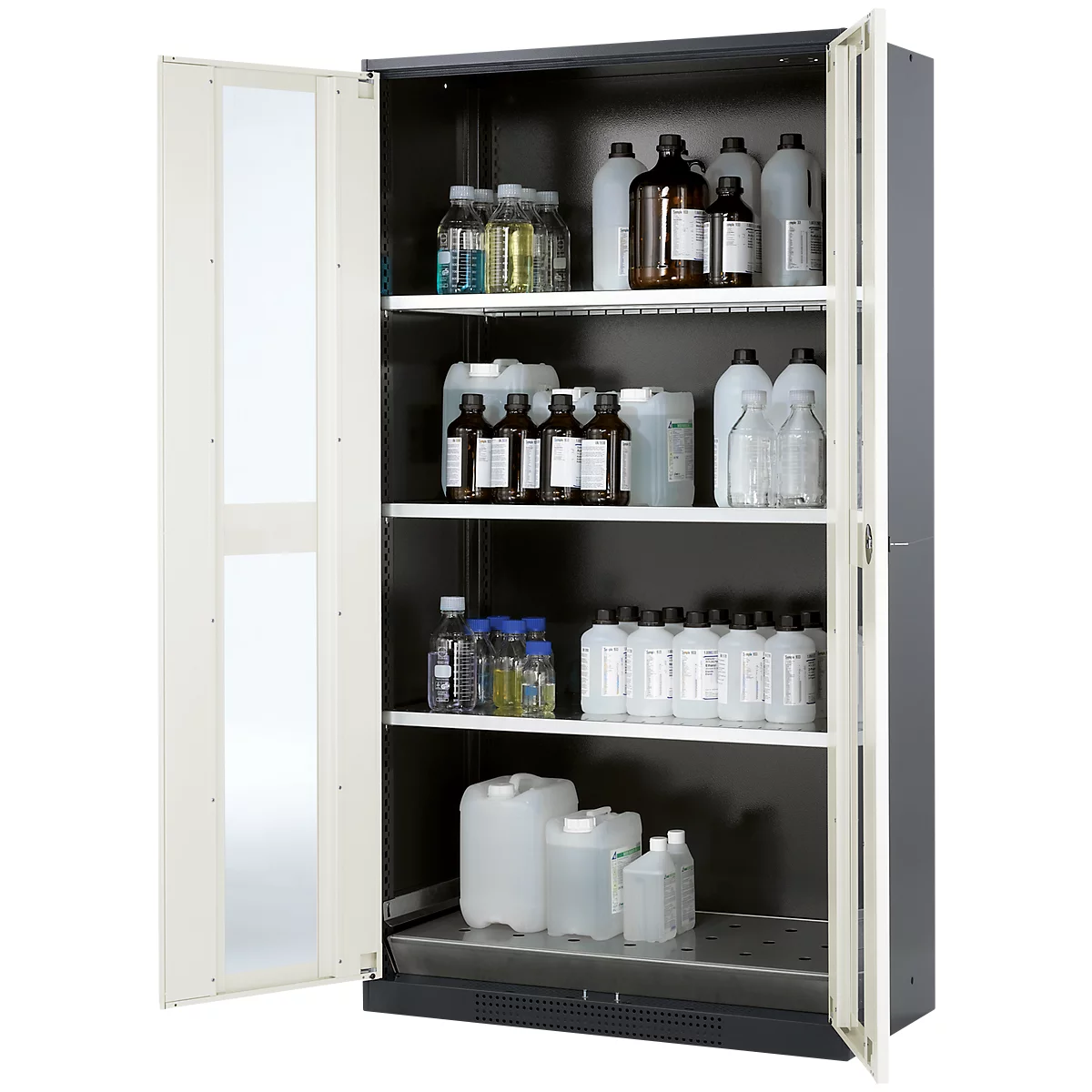 Chemicaliënkast, Vleugeldeur met glasplaat, 3 legborden, 1055x520x1950 mm, zuiver wit
