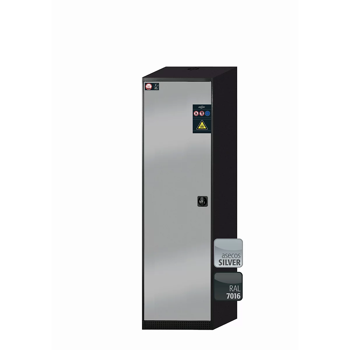Chemikalienschrank asecos CS-CLASSIC, Flügeltür, Anschlag links, Front asecos Silber, B 545 x T 520 x H 1950 mm