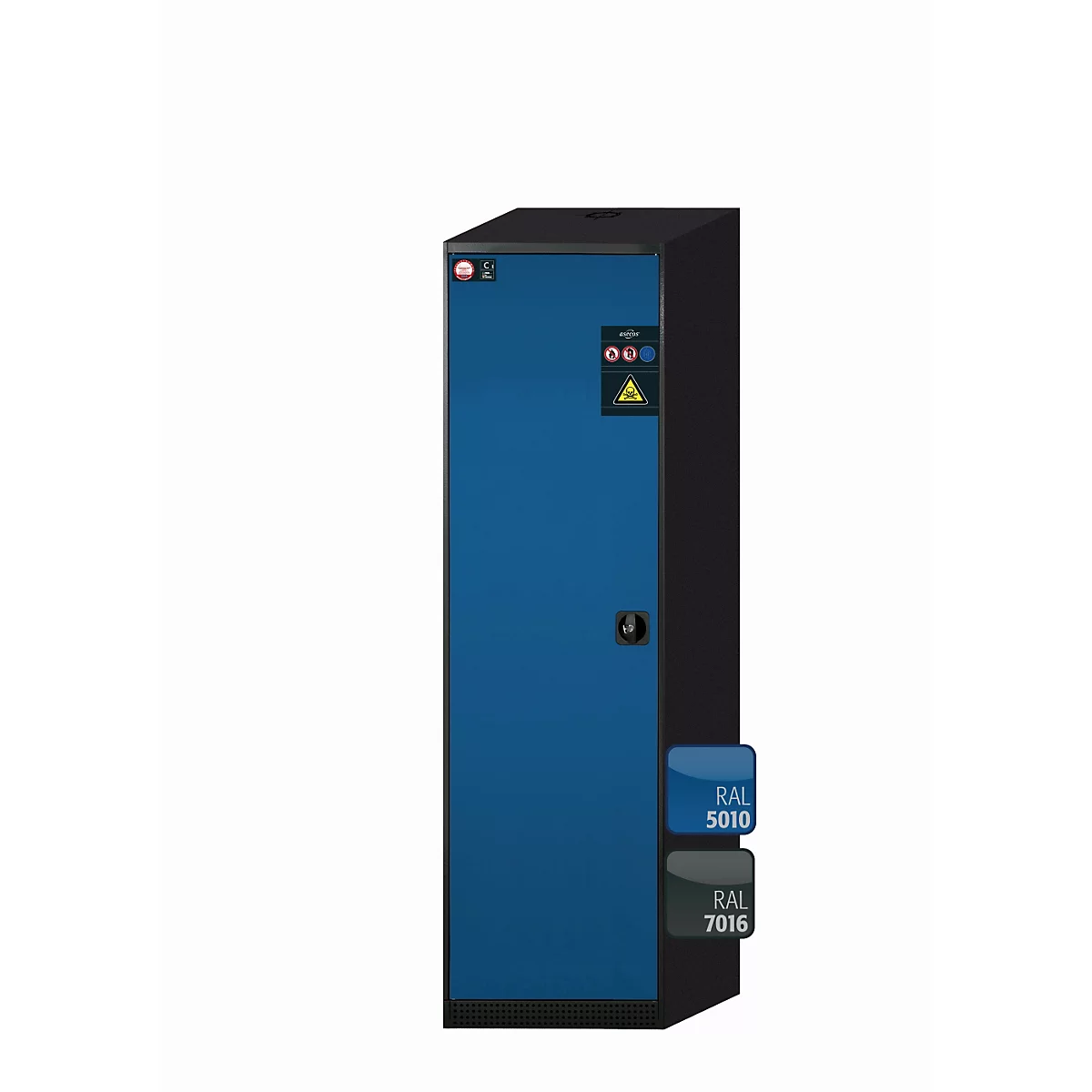 Chemikalienschrank asecos CS-CLASSIC, Flügeltür, Anschlag links, Front Enzianblau, B 545 x T 520 x H 1950 mm