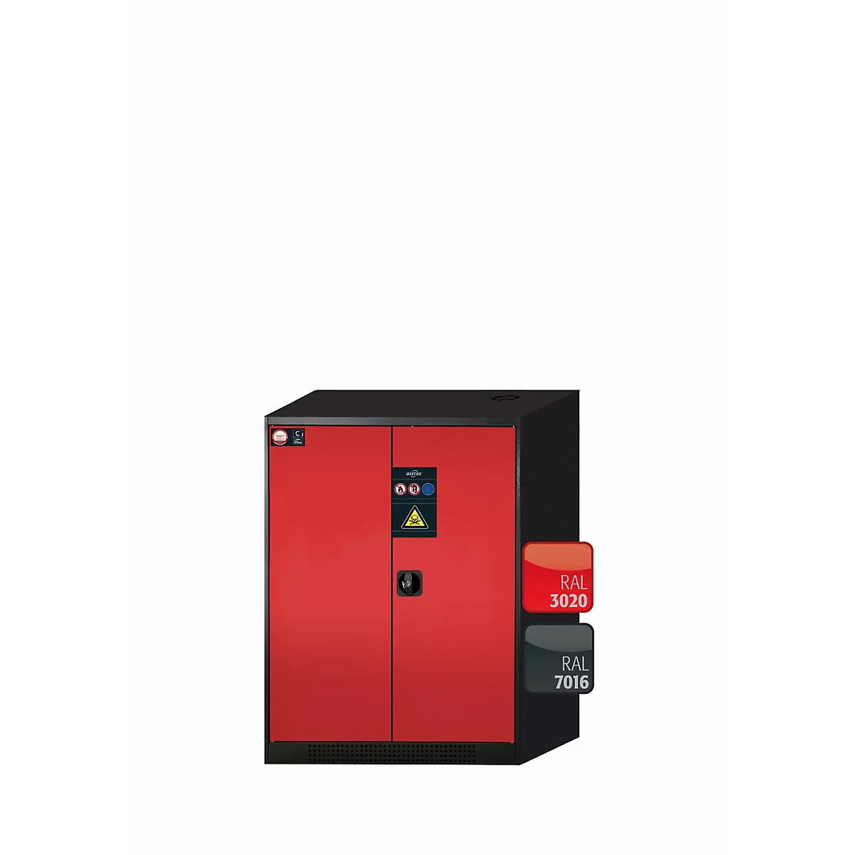 Chemikalienschrank asecos CS-CLASSIC, Flügeltüren, Front Verkehrsrot, B 810 x T 520 x H 1105 mm