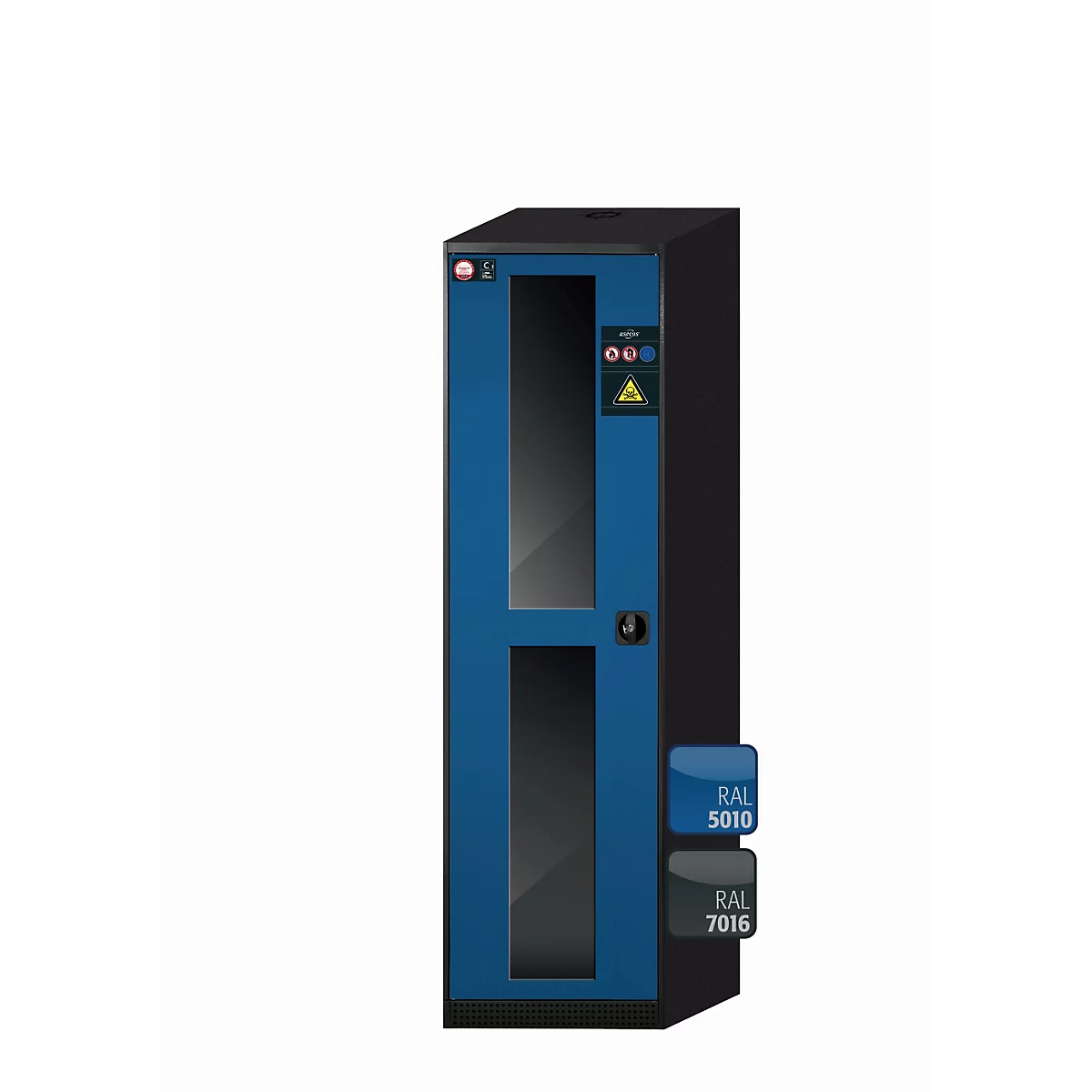Chemikalienschrank asecos CS-CLASSIC-G, Flügeltür mit Glasausschnitt, Anschlag links, Front Enzianblau, B 545 x T 520 x H 1950 mm
