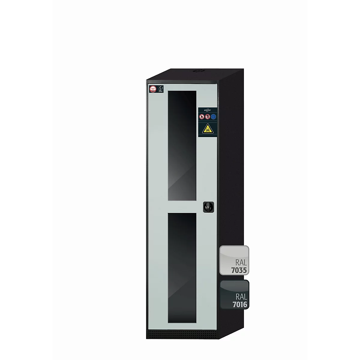 Chemikalienschrank asecos CS-CLASSIC-G, Flügeltür mit Glasausschnitt, Anschlag links, Front Lichtgrau, B 545 x T 520 x H 1950 mm