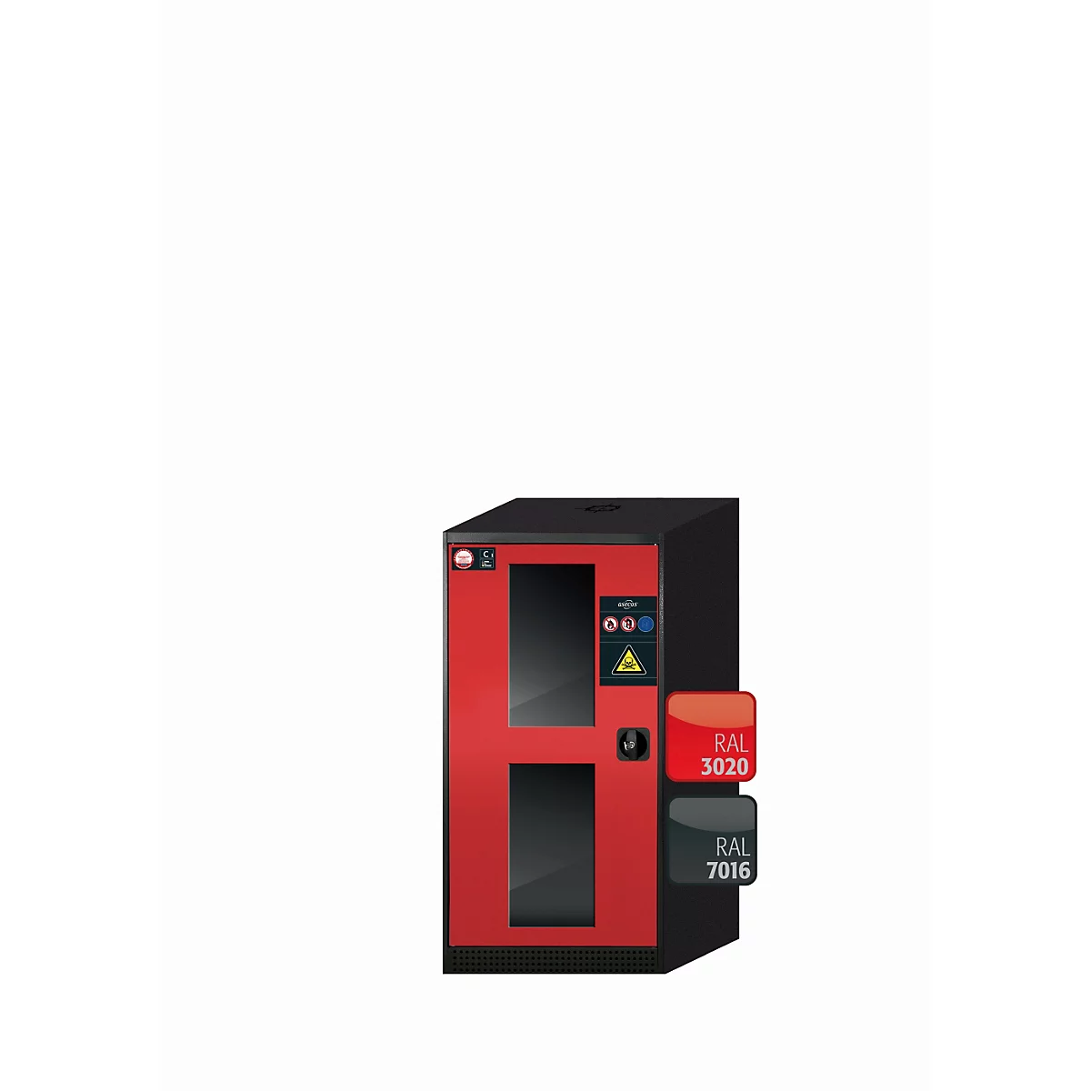 Chemikalienschrank asecos CS-CLASSIC-G, Flügeltür mit Glasausschnitt, Anschlag links, Front Verkehrsrot, B 545 x T 520 x H 1105 mm