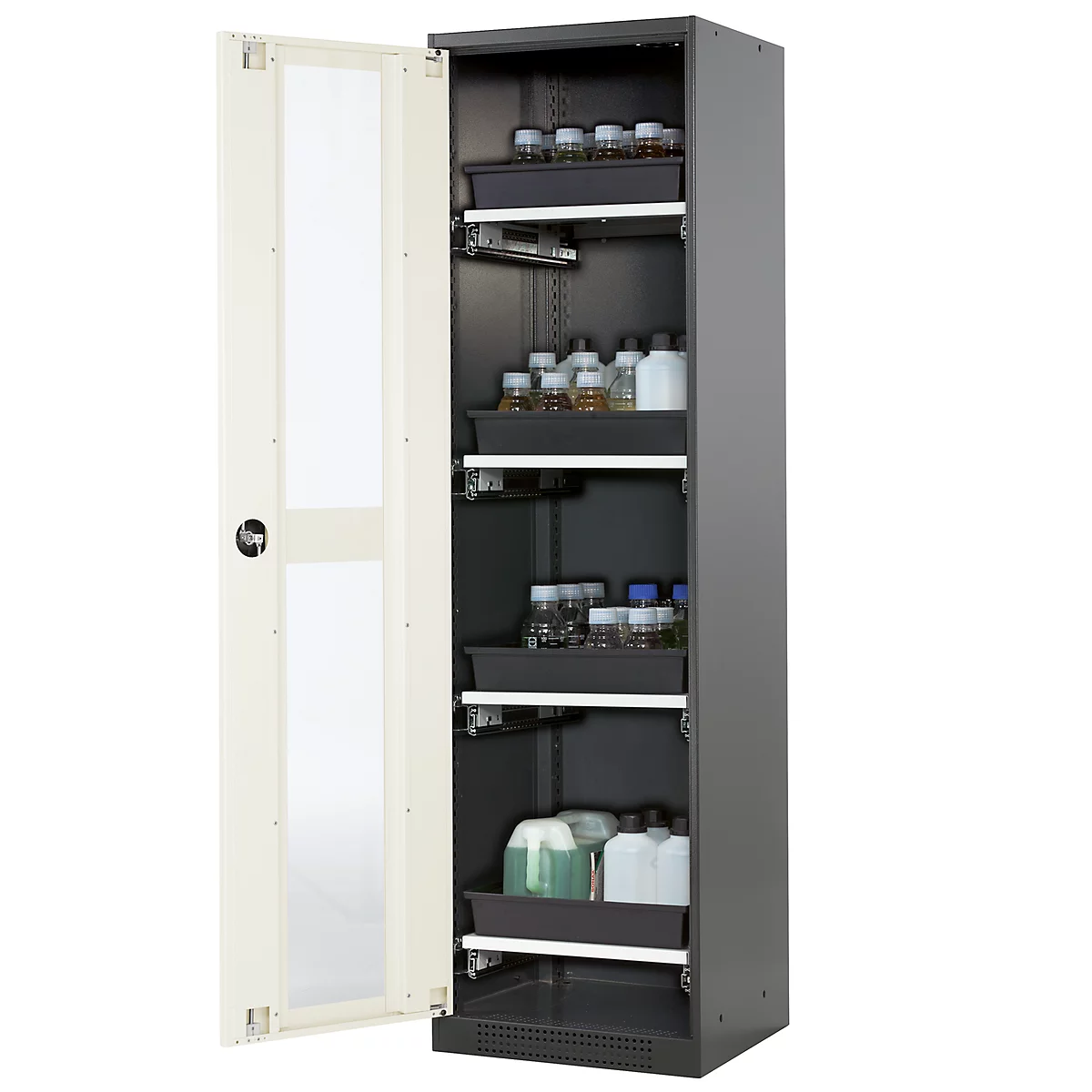 Chemikalienschrank Asecos CS-CLASSIC-G, Flügeltür und Glasausschnitt, 4 Auszüge, H 1950 mm, reinweiß
