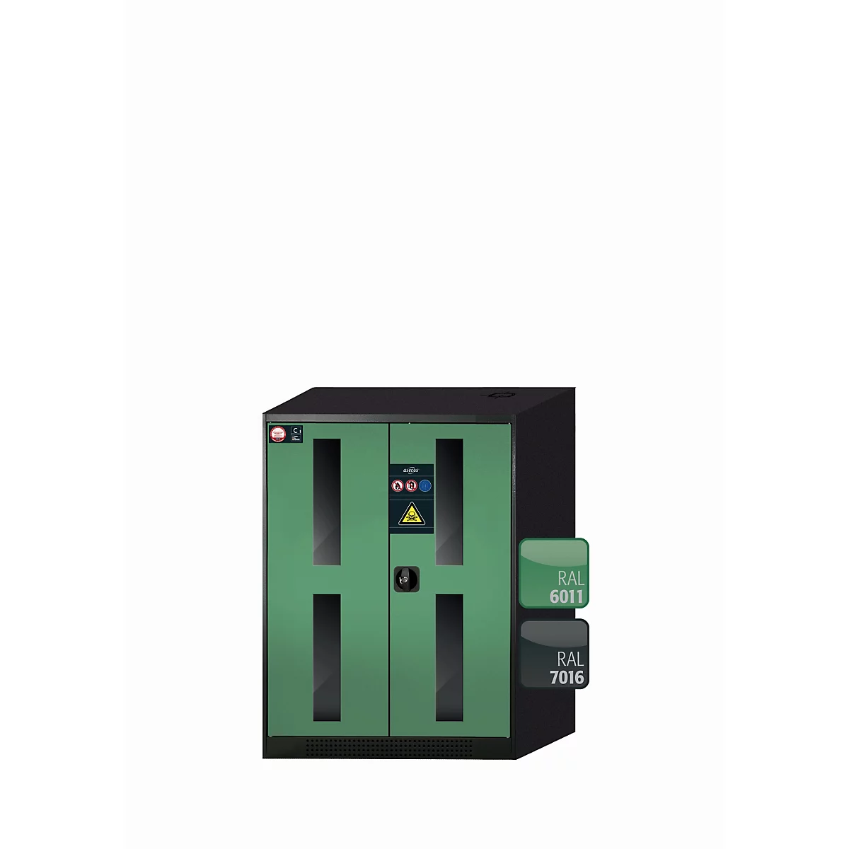 Chemikalienschrank asecos CS-CLASSIC-G, Flügeltüren mit Glasausschnitt, Front Resedagrün, B 810 x T 520 x H 1105 mm