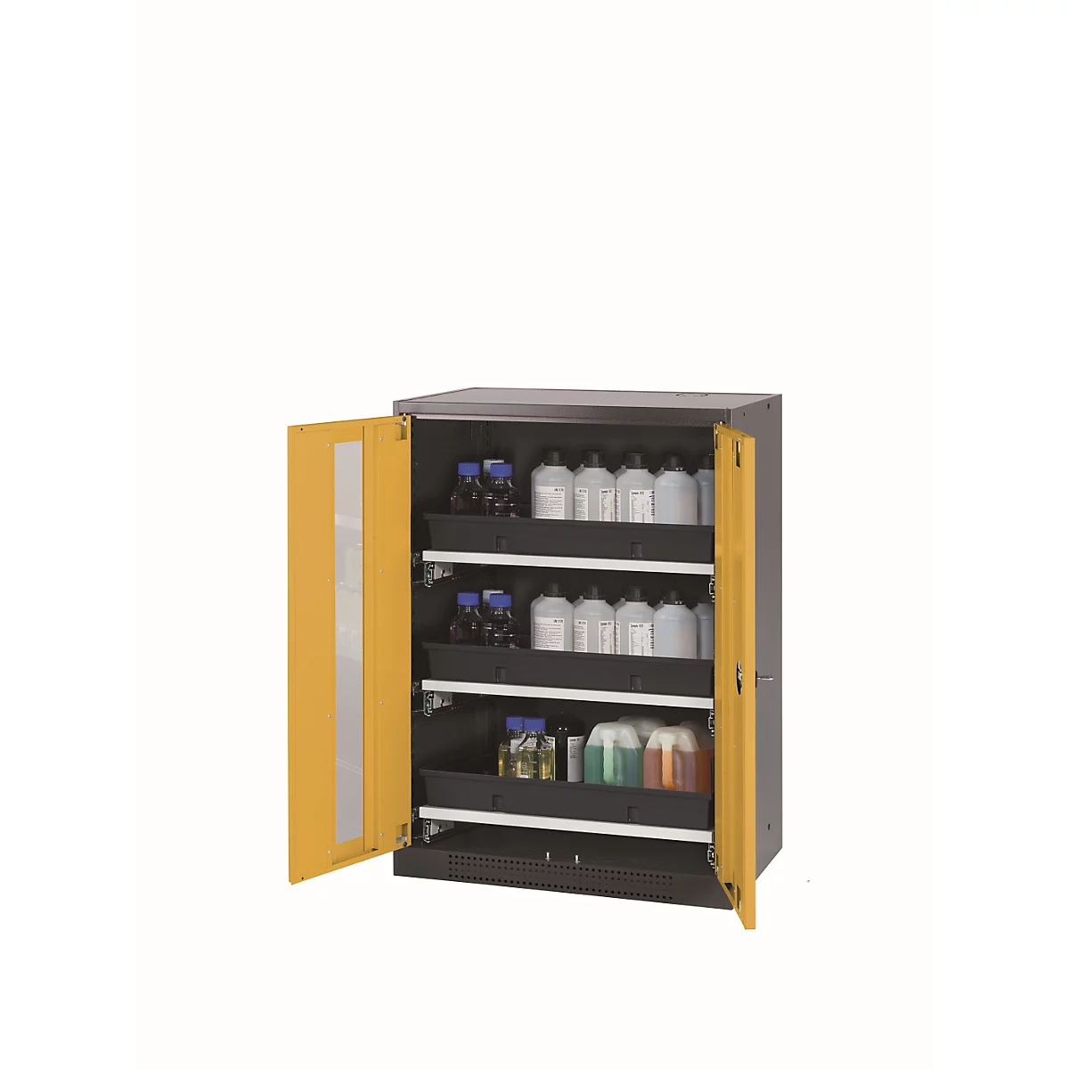 Chemikalienschrank asecos CS-CLASSIC-G, Flügeltüren mit Glasausschnitt, Front Sicherheitsgelb, B 810 x T 520 x H 1105 mm