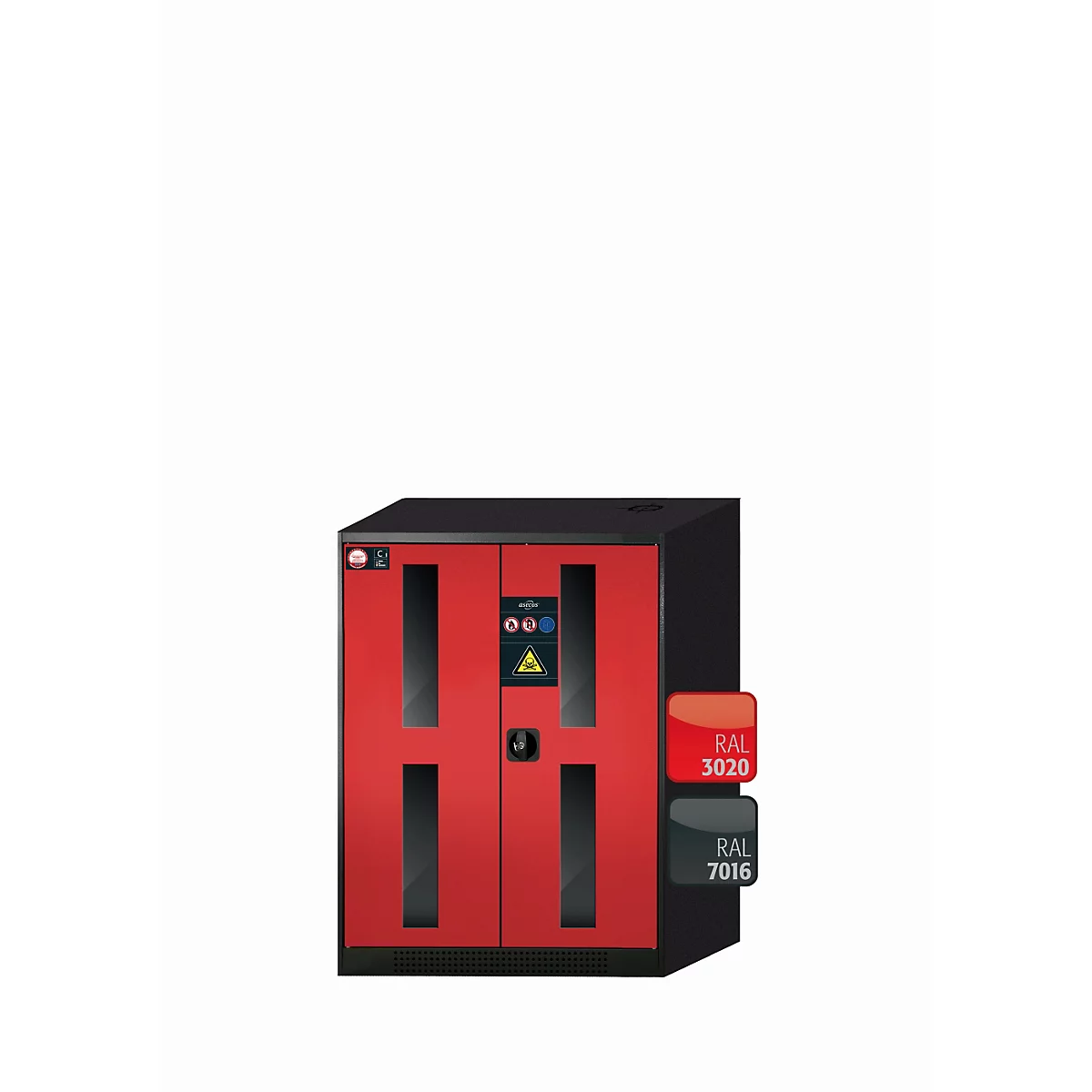 Chemikalienschrank asecos CS-CLASSIC-G, Flügeltüren mit Glasausschnitt, Front Verkehrsrot, B 810 x T 520 x H 1105 mm