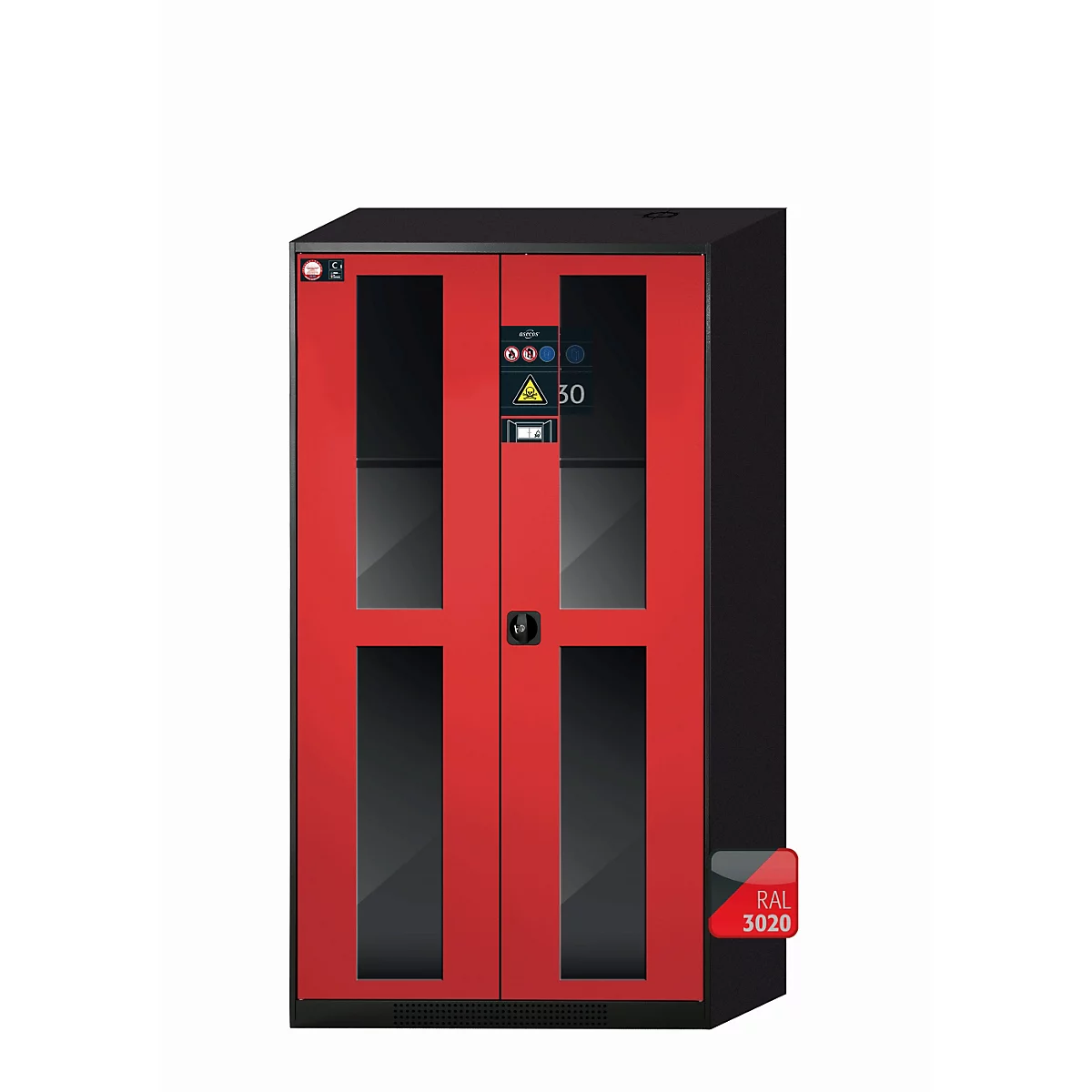 Chemikalienschrank asecos CS-CLASSIC-GF, Flügeltüren mit Glasausschnitt, Front Verkehrsrot, B 1055 x T 520 x H 1950 mm