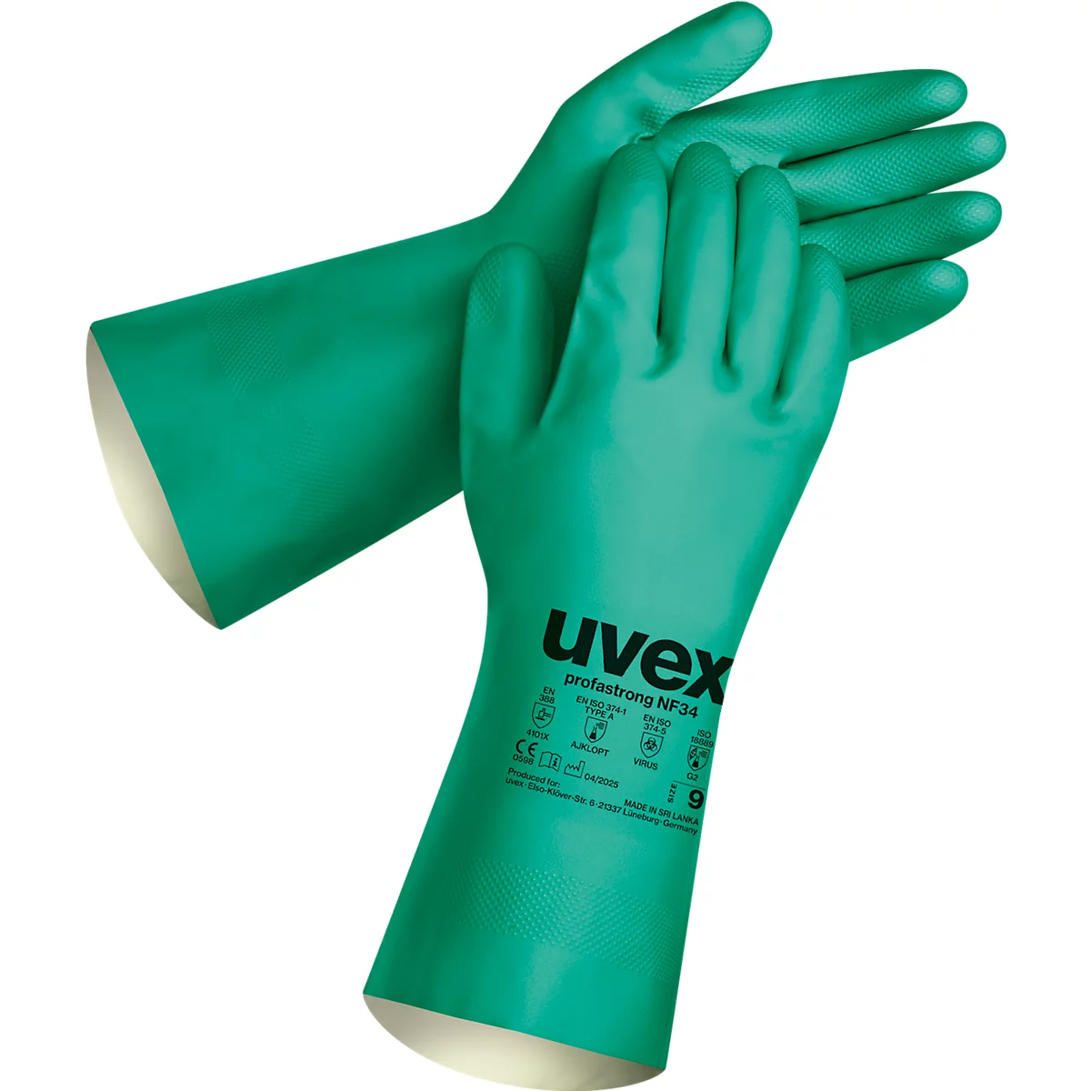 Ein Paar grüne, robuste Uvex Profastrong NF34 Schutzhandschuhe auf weissem Hintergrund.