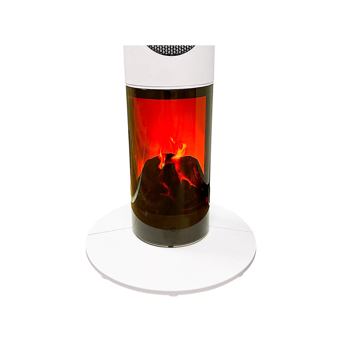 Un radiateur électrique avec un effet de foyer sur une base blanche. Les flammes dansent à l'intérieur de la colonne.