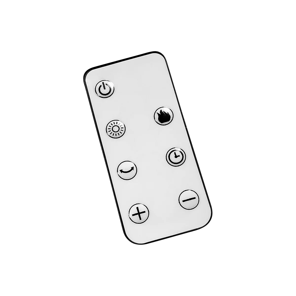 Télécommande avec symboles pour marche/arrêt, luminosité, flamme, minuterie, moins et plus.