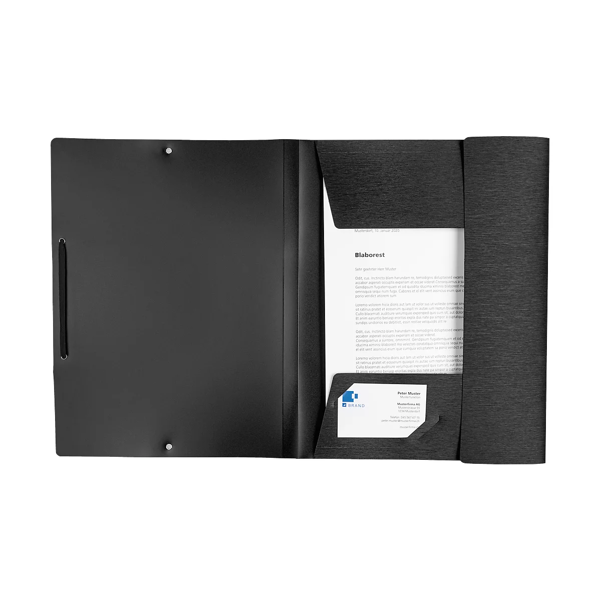 Dossier de documents noir ouvert avec papier et carte de visite. Le titre sur le papier est : 'Fournitures de bureau'.