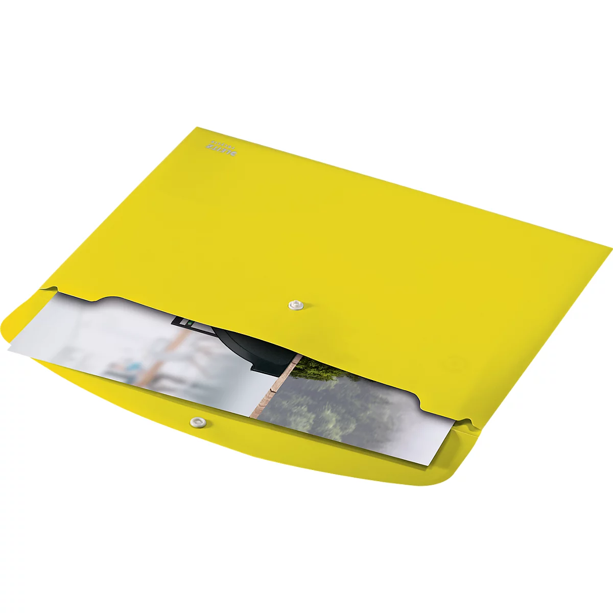 Chemise à rabats Leitz® Recycle, format A4, fermeture à bouton-pression, opaque, 100 % recyclable, Ange Bleu, plastique recyclé, jaune