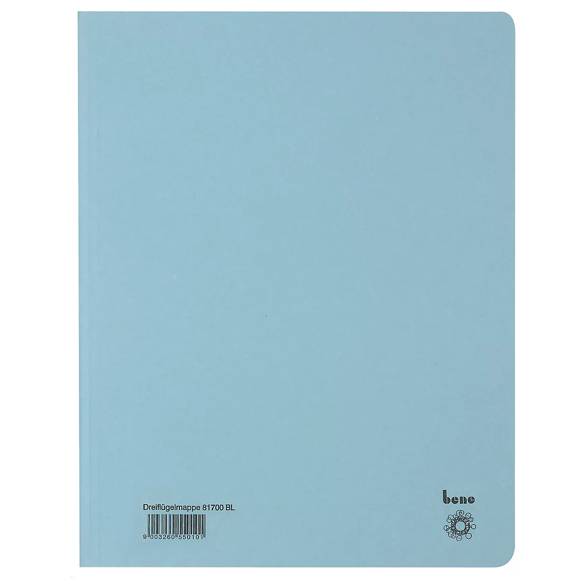 Chemise triangulaire bleu clair avec impression noire "bene" et code-barres.