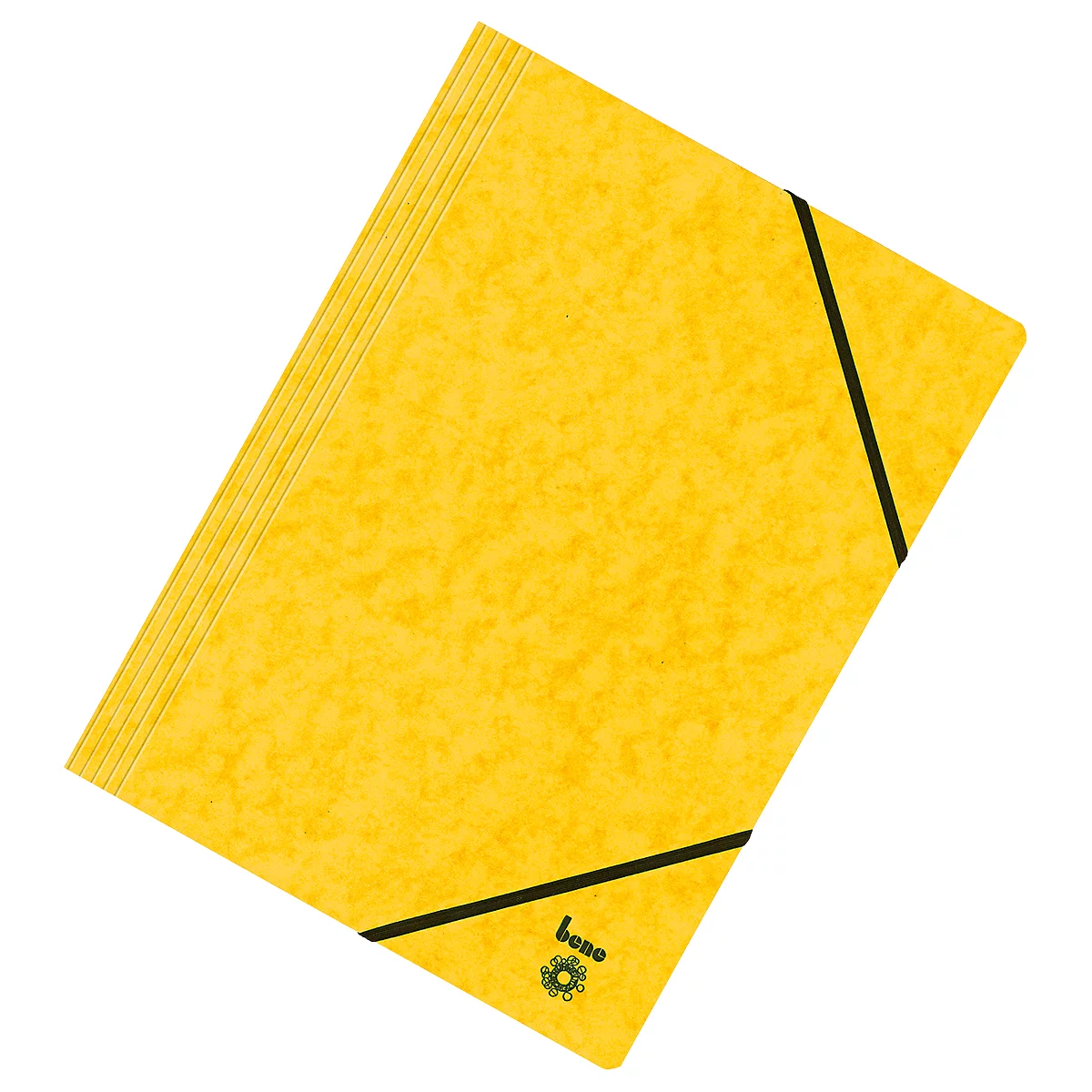 Dossier jaune avec élastique noir. Le mot 'bene' et un logo sont visibles.