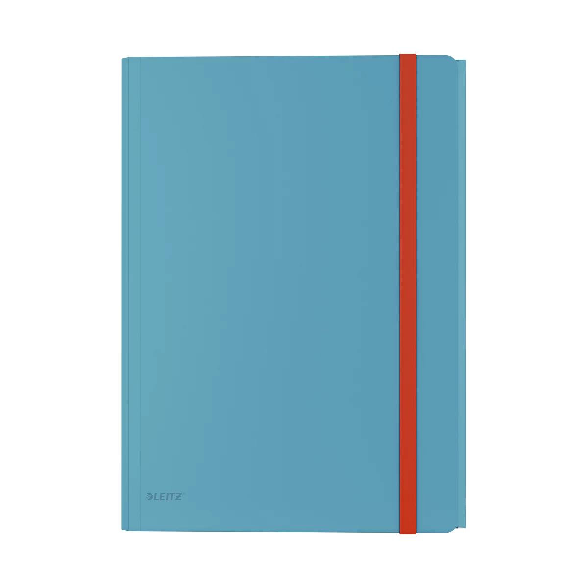 Cahier bleu avec élastique rouge.