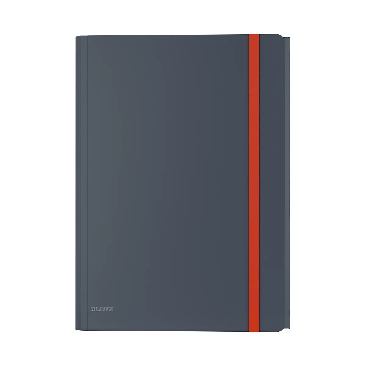 Cahier gris avec élastique rouge. La couverture a un éclat subtil. Le lettrage 'LEITZ' est visible en bas à gauche.