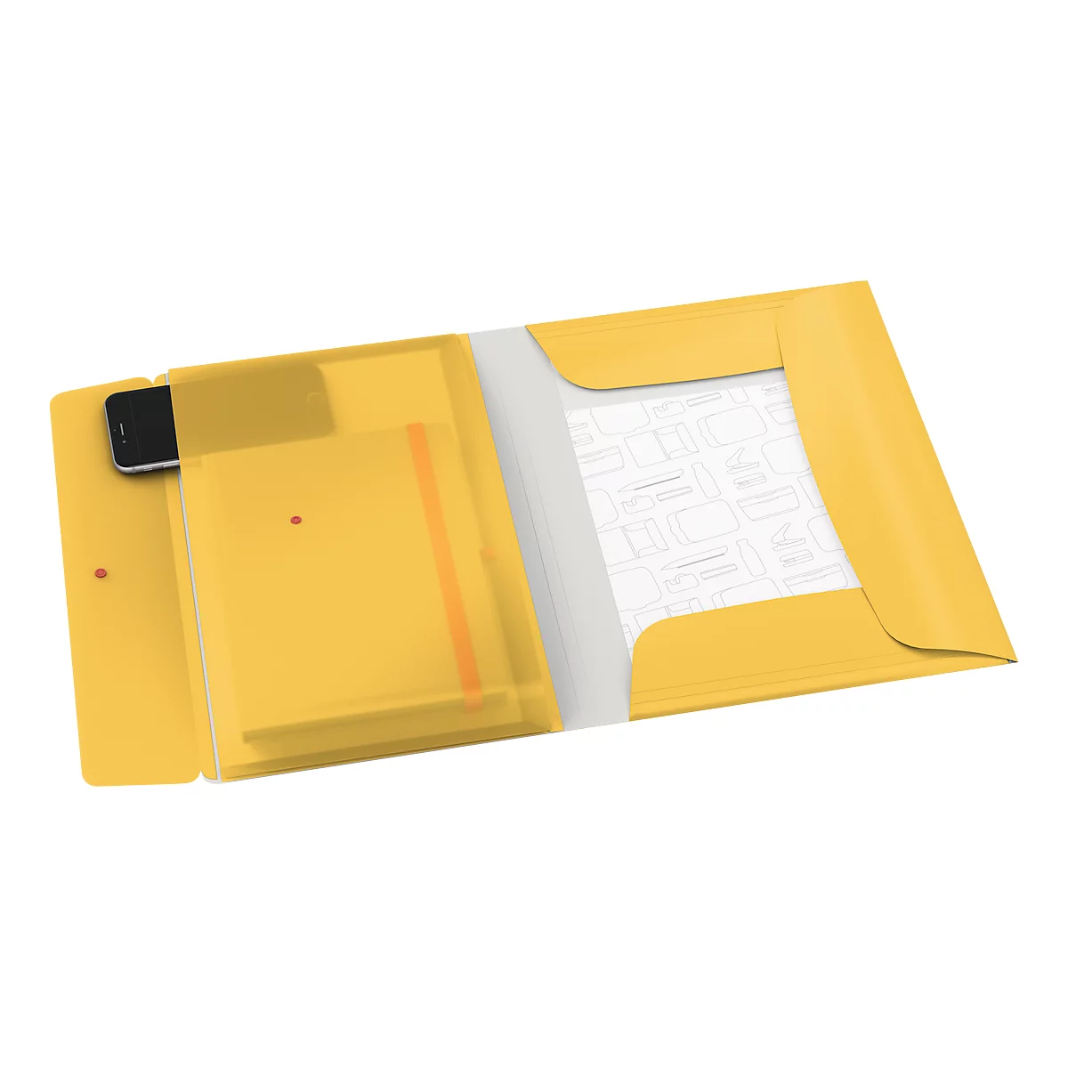 Dossier de documents jaune ouvert avec smartphone, papiers et fenêtre. Un bouton rouge ferme le dossier.