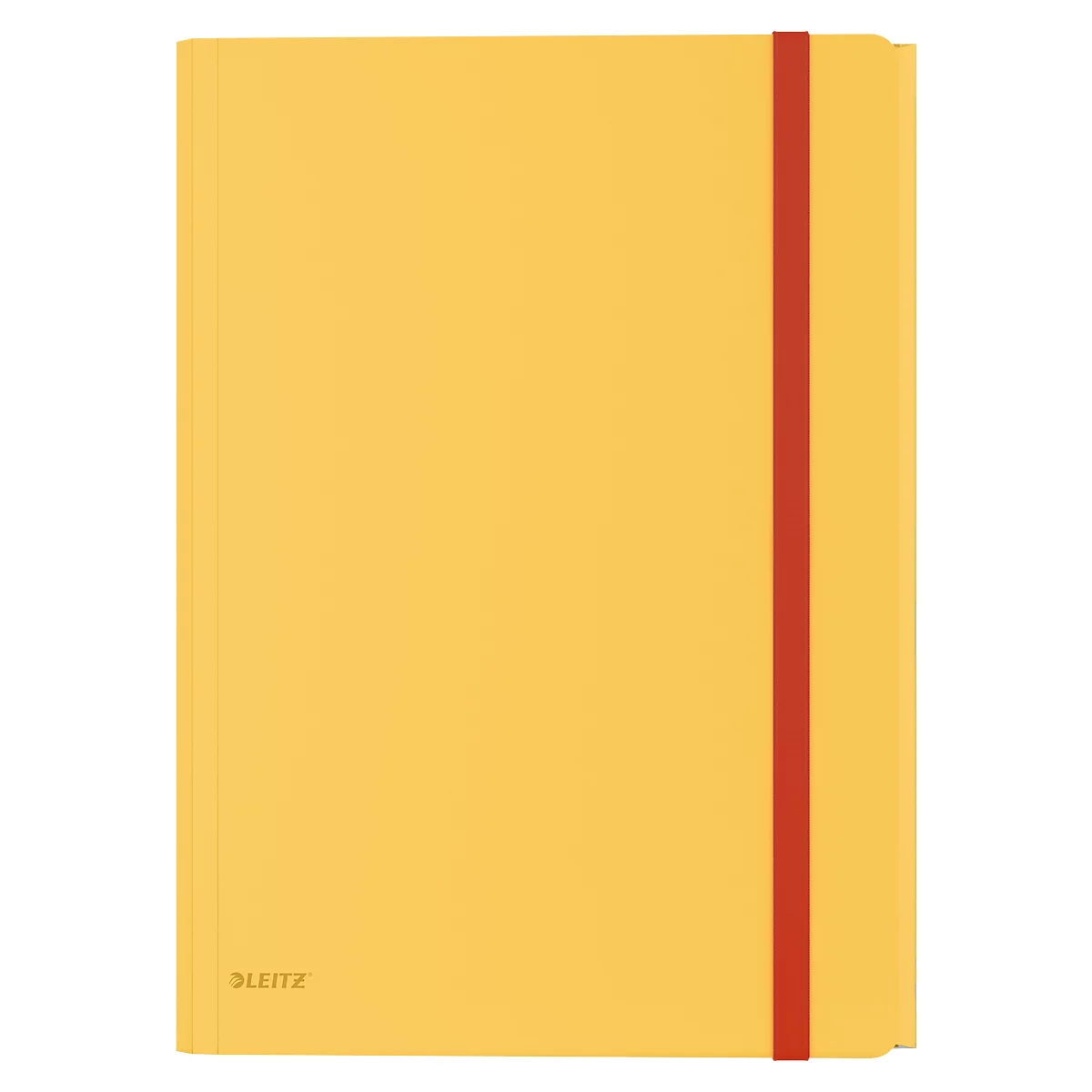Cahier jaune avec élastique rouge et logo LEITZ.