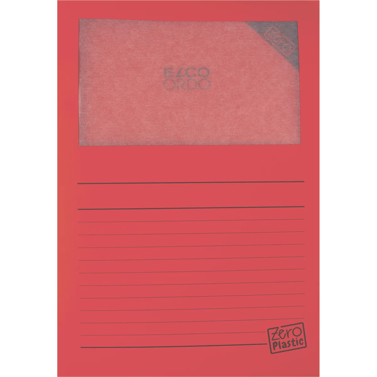 Chemise rouge, lignée, avec une couverture transparente et l'inscription 'Eaco Ondo'.