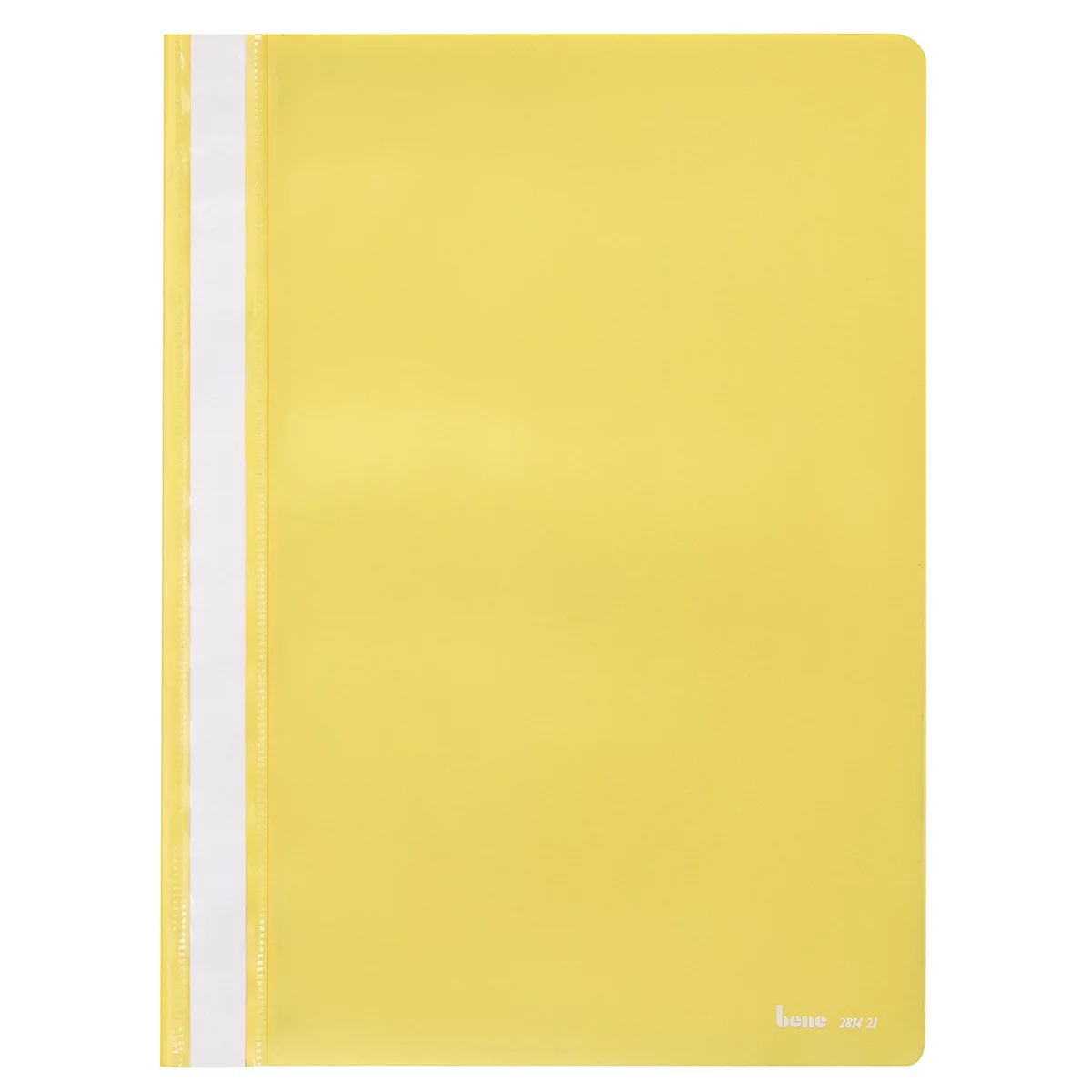 Dossier jaune avec dos transparent et reliure blanche. Nom de la marque en bas.