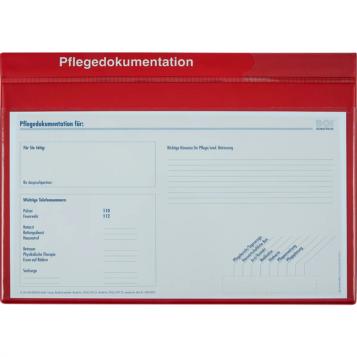Dossier de documents rouge avec le texte 'Pflegedokumentation'. À l'intérieur: formulaire d'informations sur les soins et les urgences, numéros d'urgence.