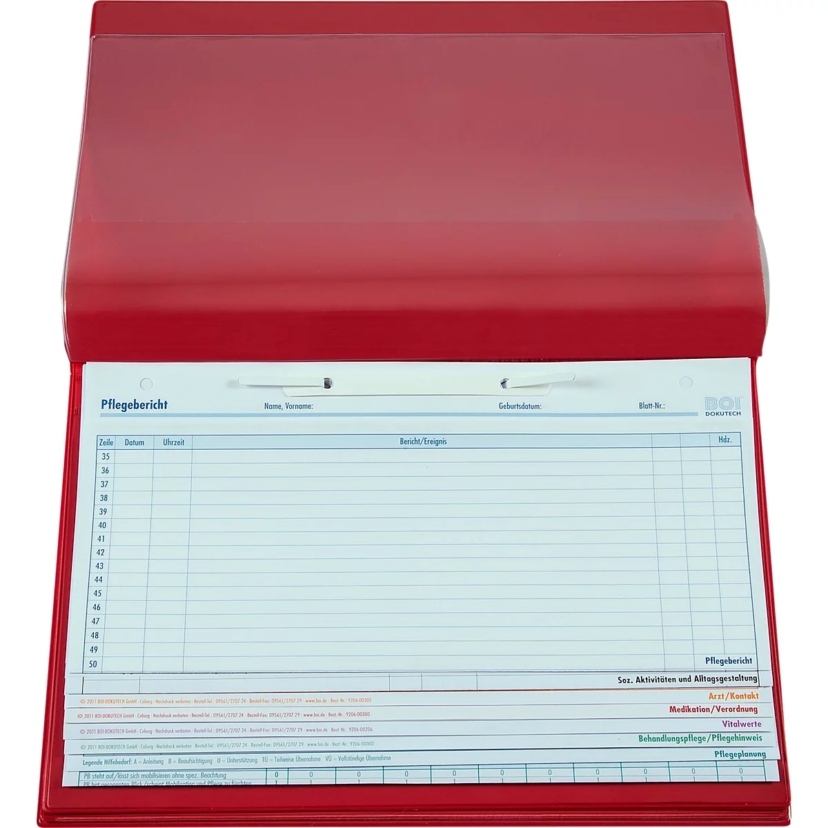 Porte-bloc rouge ouvert avec feuille de rapport de soins, avec lettrage bleu, à ouvrir.