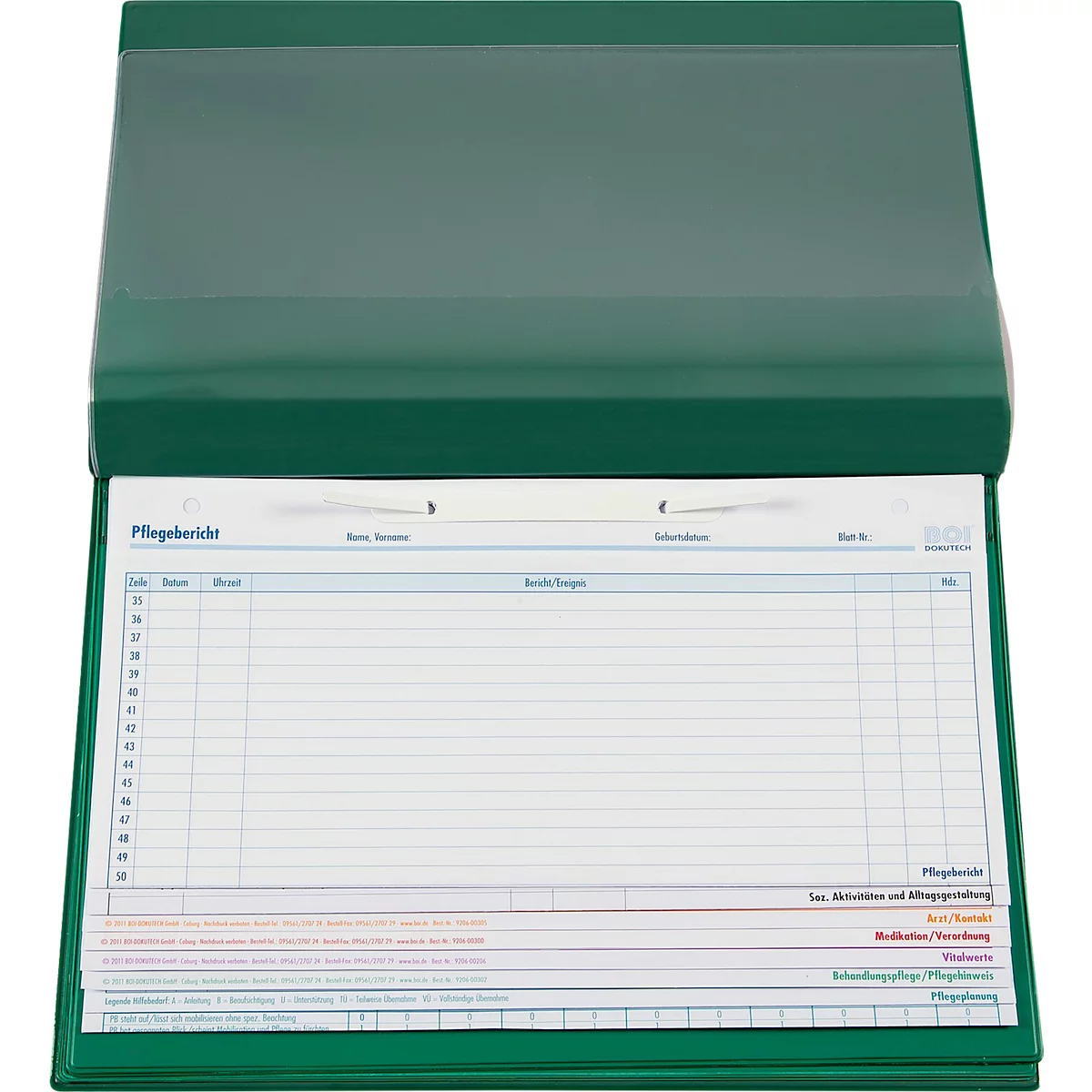 Rapport de soins vert, ouvert, avec tableaux et texte. Couvercle sur le dessus, papier blanc avec lignes en dessous.