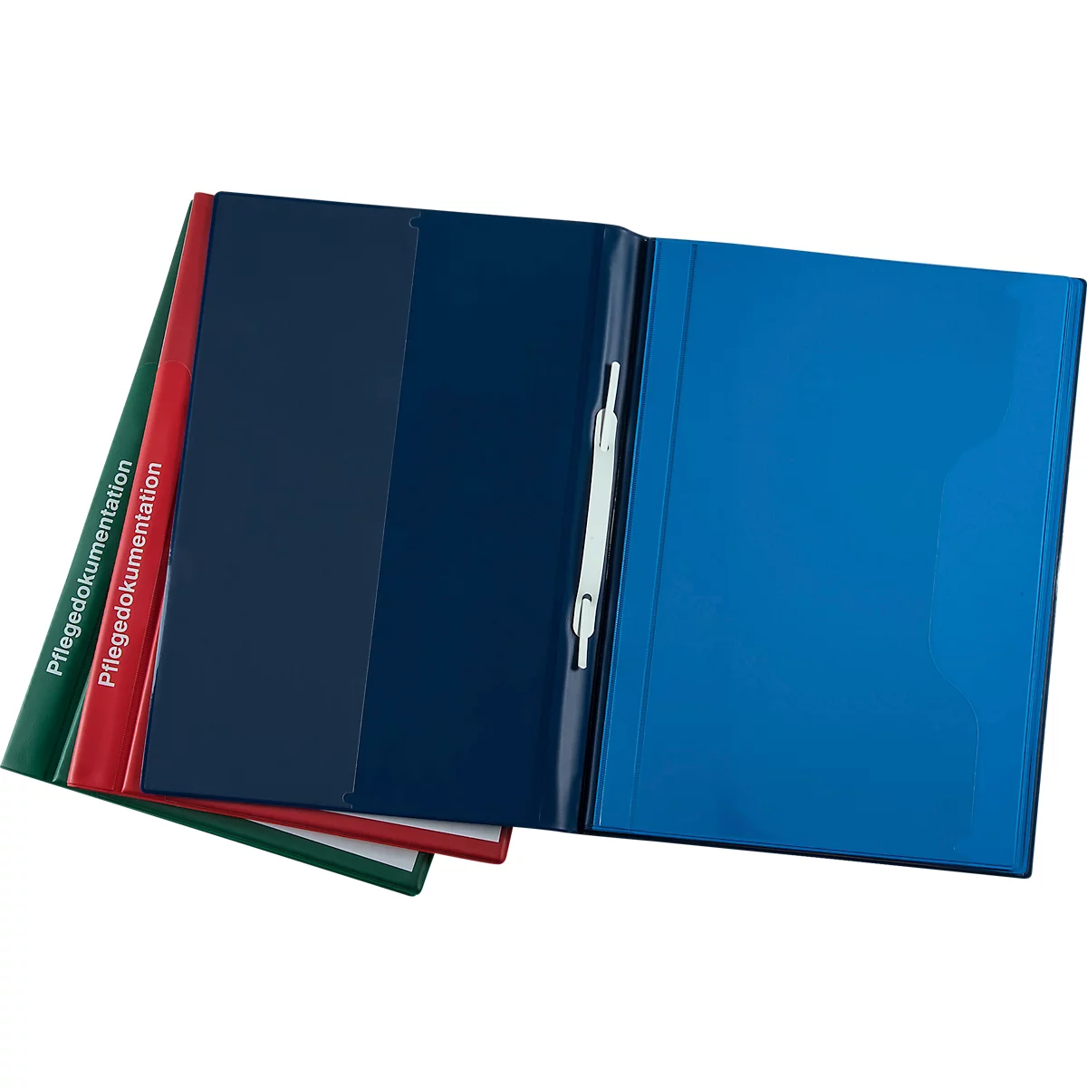Trois dossiers de couleurs différentes, vert, rouge et bleu. Un dossier dit "Pflegedokumentation".