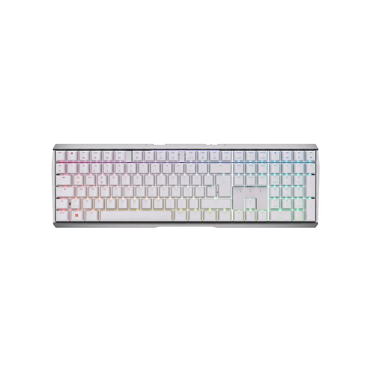Weiße Gaming-Tastatur mit RGB-Beleuchtung vor weißem Hintergrund.