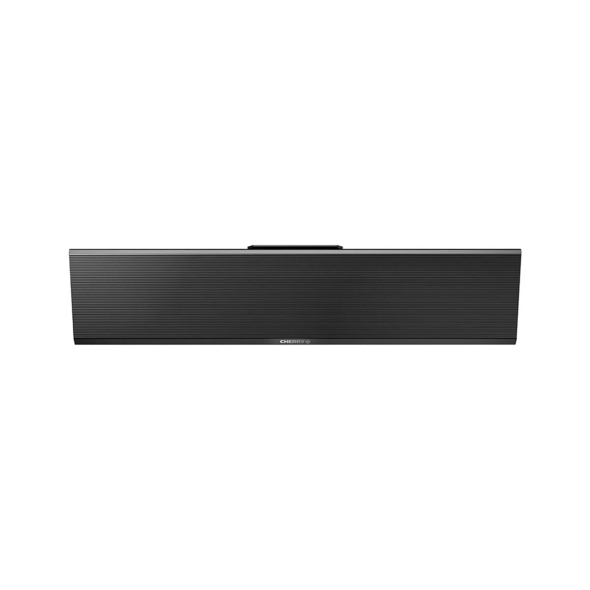 Dunkelgraue Soundbar mit geriffelter Oberfläche. Unten rechts das Cherry-Logo.