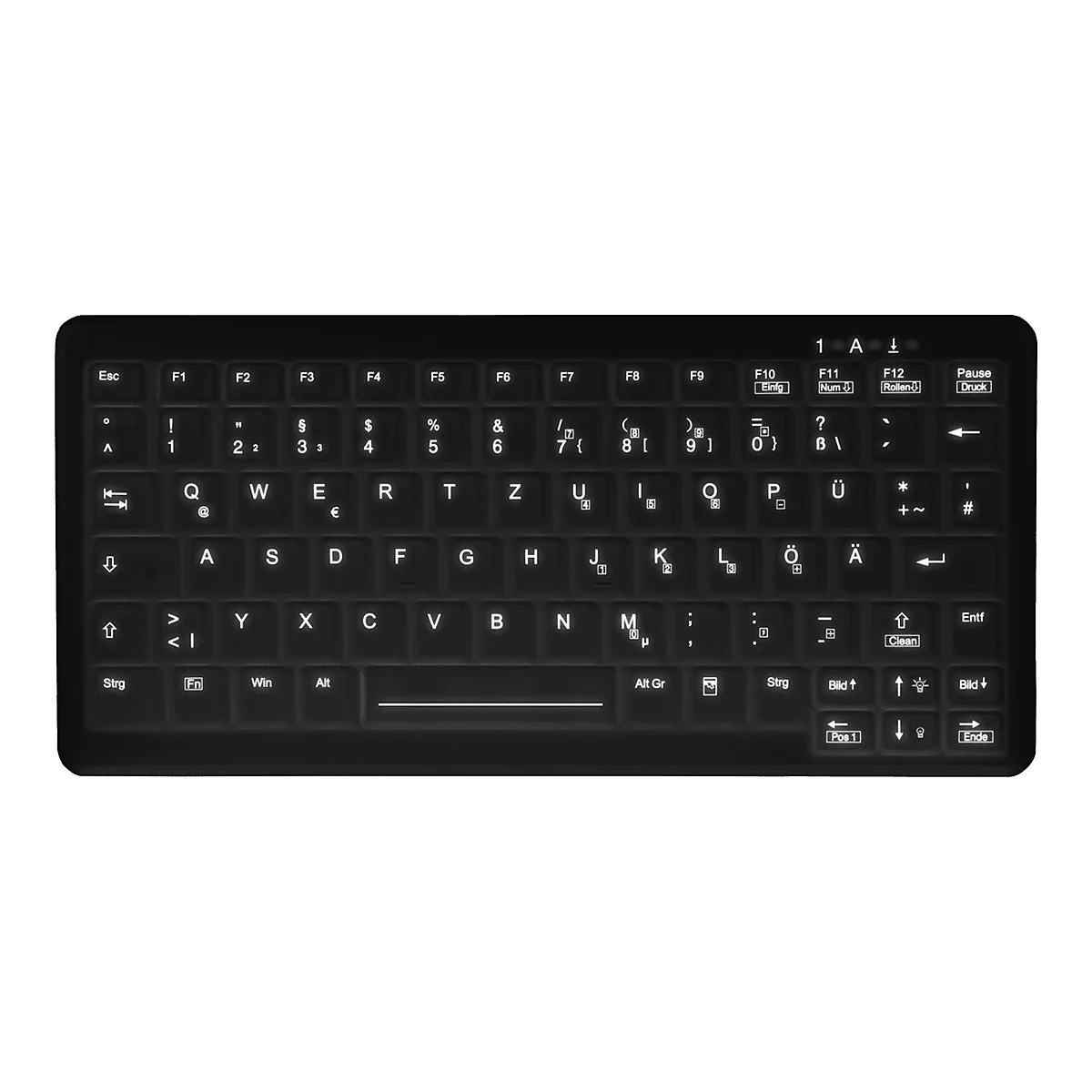 Draufsicht einer beleuchteten, schwarzen QWERTZ-Tastatur mit weißer Beschriftung auf weißem Hintergrund.