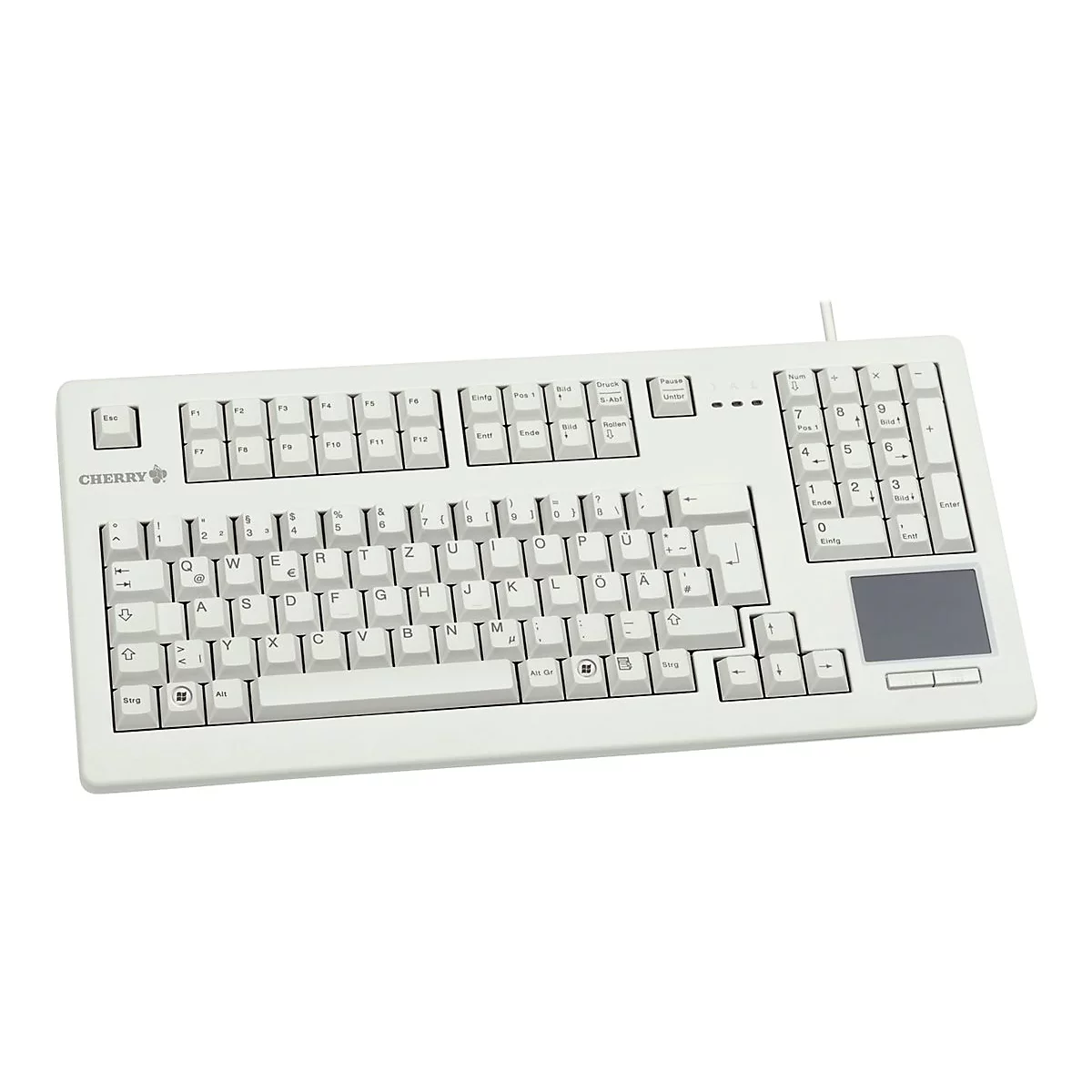 Weiße Cherry Tastatur mit deutschem Layout, integriertem Touchpad und Nummernblock vor weißem Hintergrund.