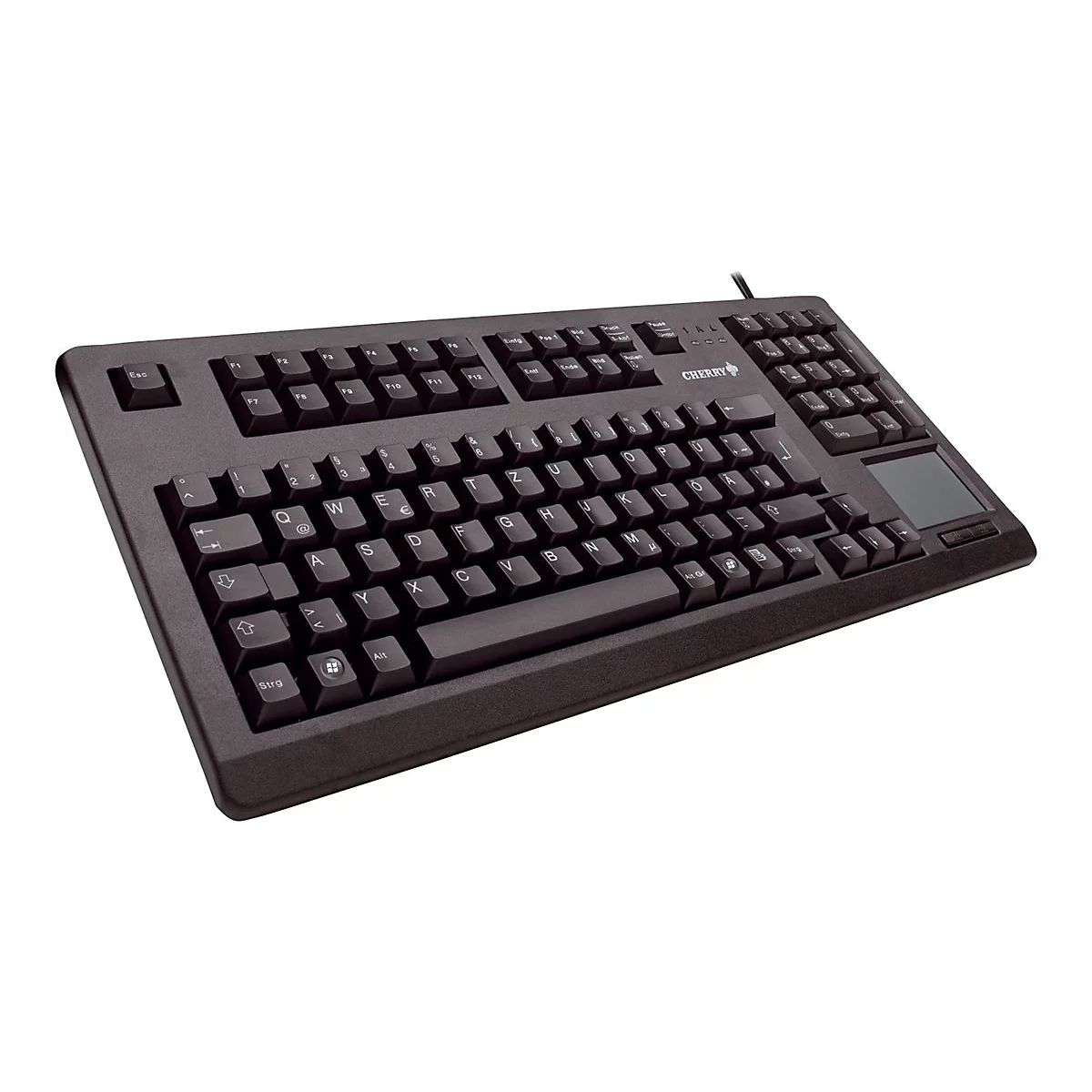 Schwarze Cherry-Tastatur mit integriertem Touchpad auf weißem Hintergrund.