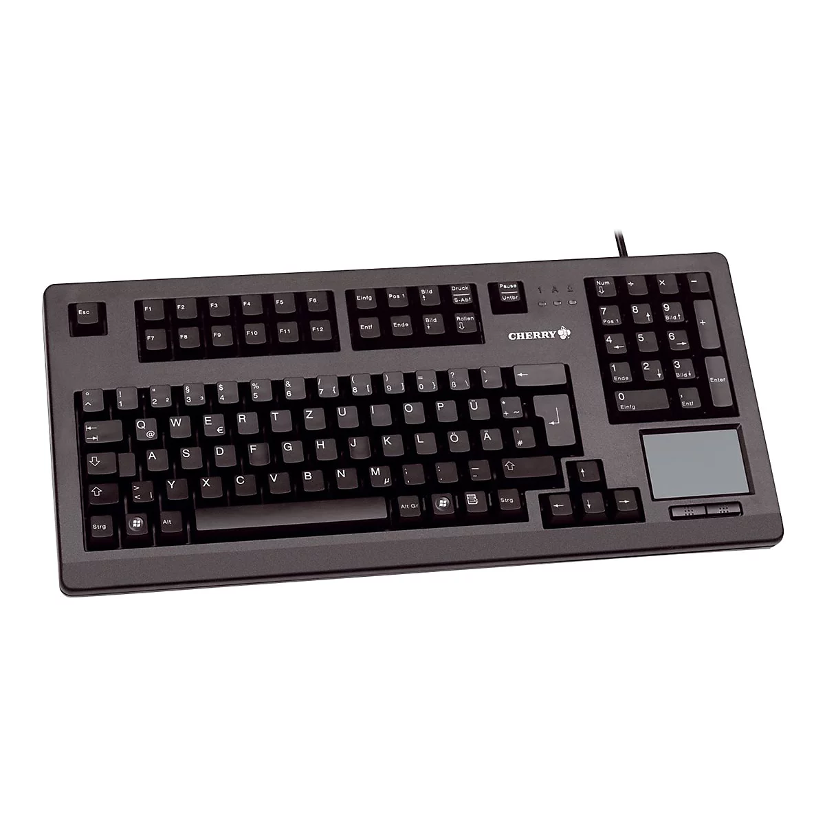 Schwarze Cherry-Tastatur mit integriertem Touchpad und deutschem QWERTZ-Layout auf weißem Hintergrund.