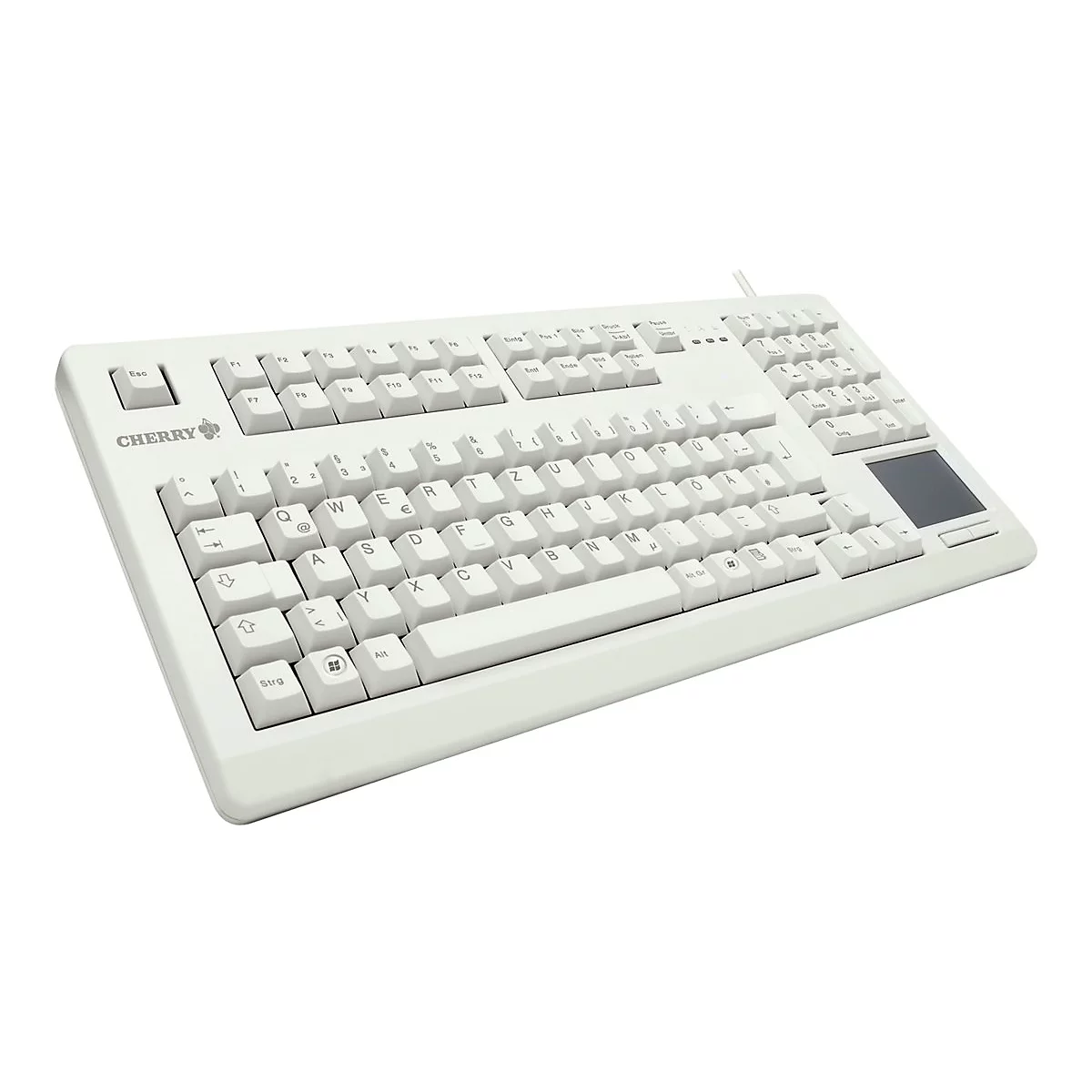 Weiße CHERRY Computertastatur mit deutschem QWERTZ-Layout und integriertem Touchpad.