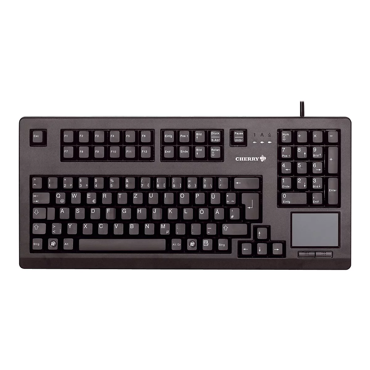 Clavier Cherry noir avec pavé tactile intégré. Étiquettes des touches en blanc. En haut : touches de fonction et pavé numérique.