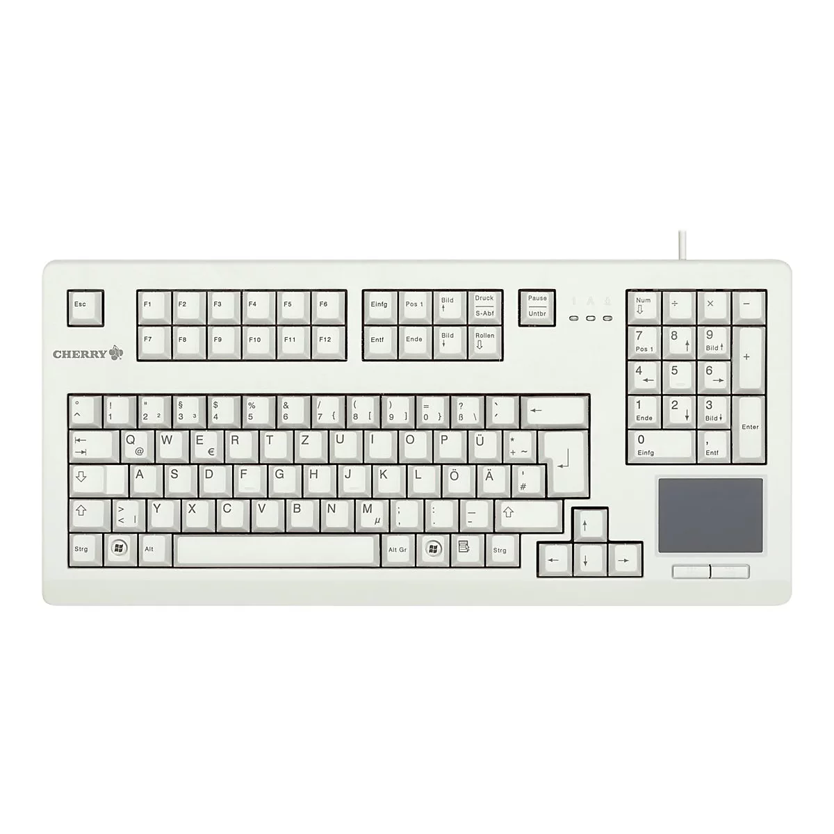 Clavier Cherry gris clair avec toutes les touches en disposition allemande. Un pavé tactile est intégré sur le côté droit.