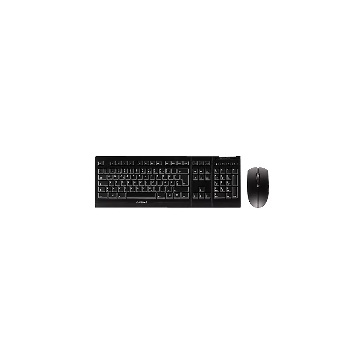 Ensemble clavier et souris noirs avec logo CHERRY sur fond blanc.