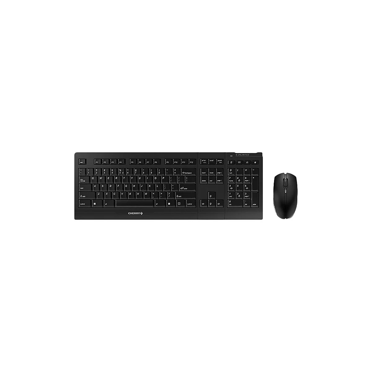 Clavier et souris noirs Cherry sur fond blanc. Des lettres et des chiffres sont visibles sur le clavier, ainsi que le logo Cherry.
