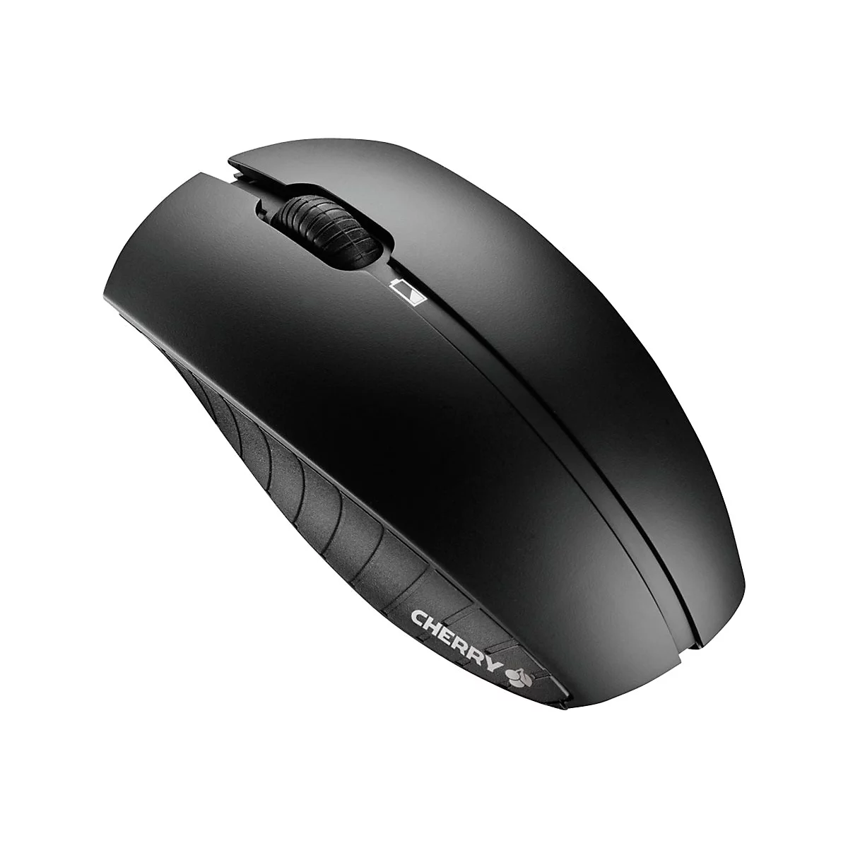 Schwarze Computermaus von Cherry, mit Scrollrad und Logo. Detailaufnahme, leicht schräg.
