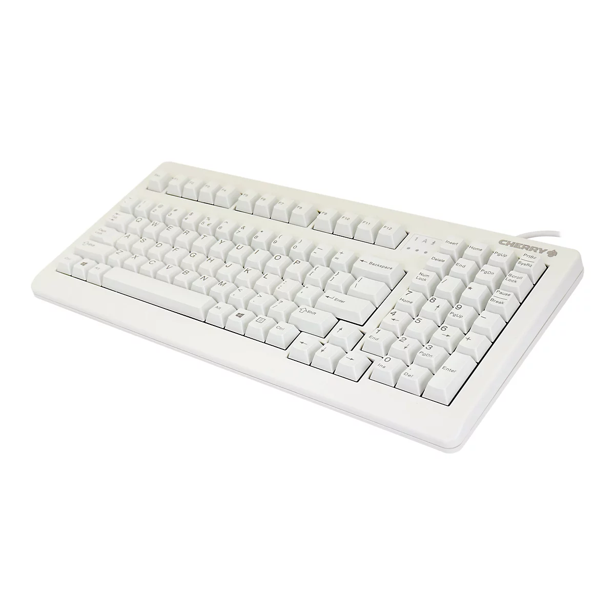 Clavier d'ordinateur Cherry blanc clair. Les touches sont étiquetées avec des caractères de fonction et spéciaux.
