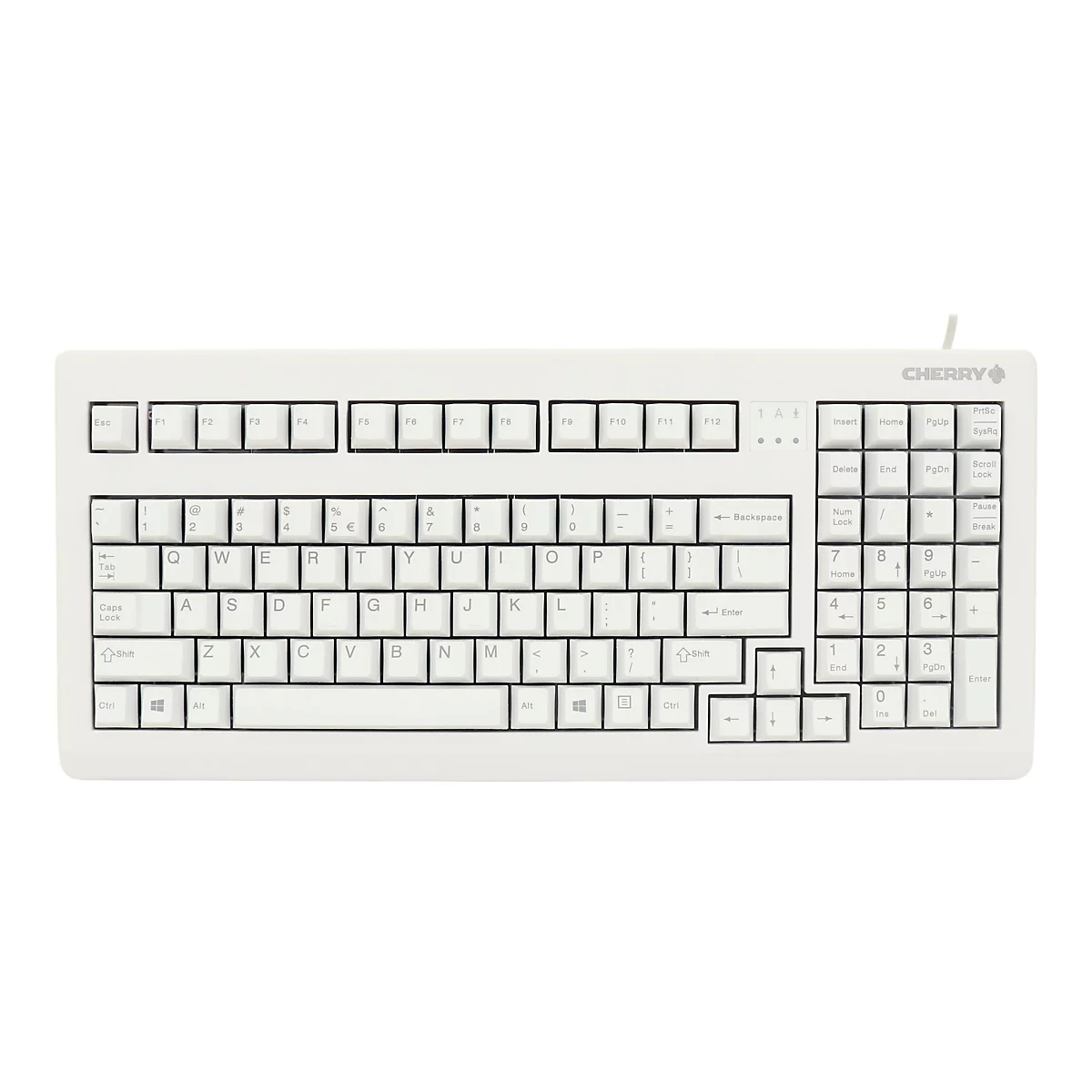 Vue de dessus d'un clavier d'ordinateur blanc brillant avec des lettres noires. Le logo Cherry se trouve en haut à droite.