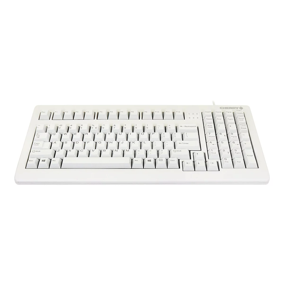 Clavier blanc avec une disposition de touches standard et le logo Cherry.