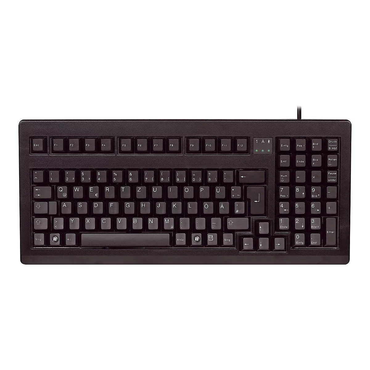 Clavier noir avec lettres et chiffres blancs. Le clavier comporte des touches de fonction, un pavé numérique et une touche Windows.