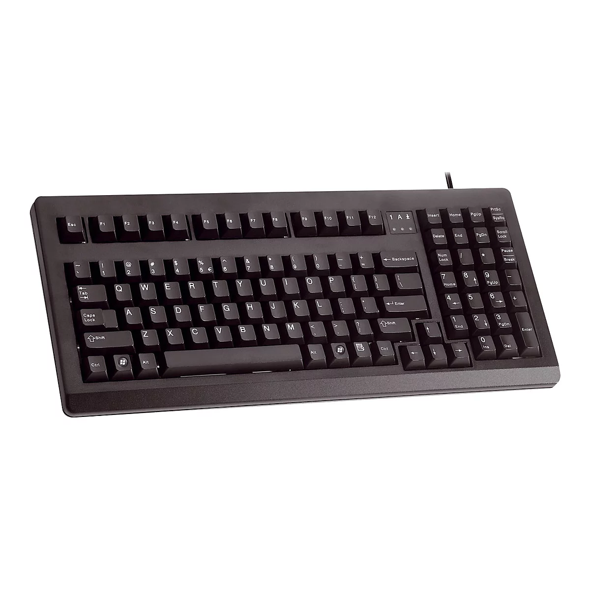 Clavier d'ordinateur noir. Les lettres et les symboles sont blancs. Plusieurs touches de fonction en haut.