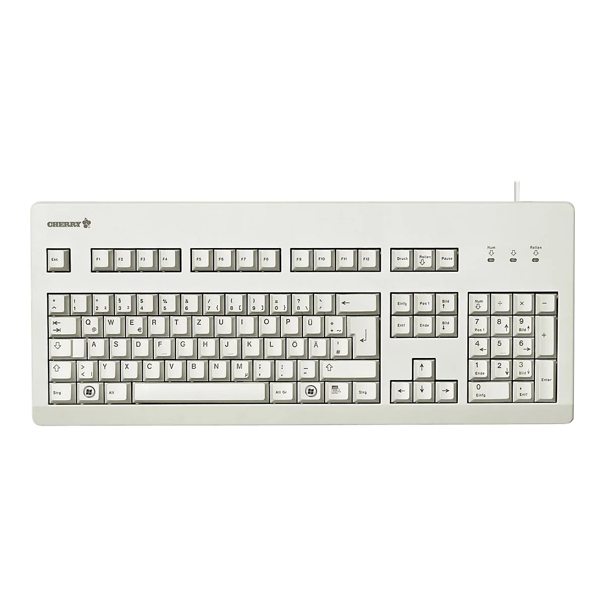 Clavier Cherry gris clair avec toutes les touches sur fond blanc. Le logo du fabricant est en haut.