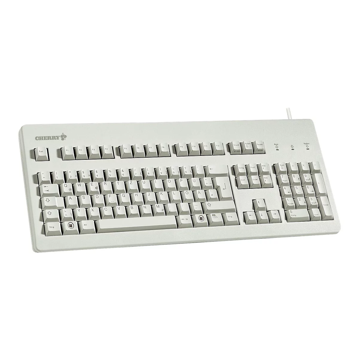 Clavier Cherry gris clair photographié d'en haut. Toutes les touches sont étiquetées, le nom de la marque est en haut à gauche.
