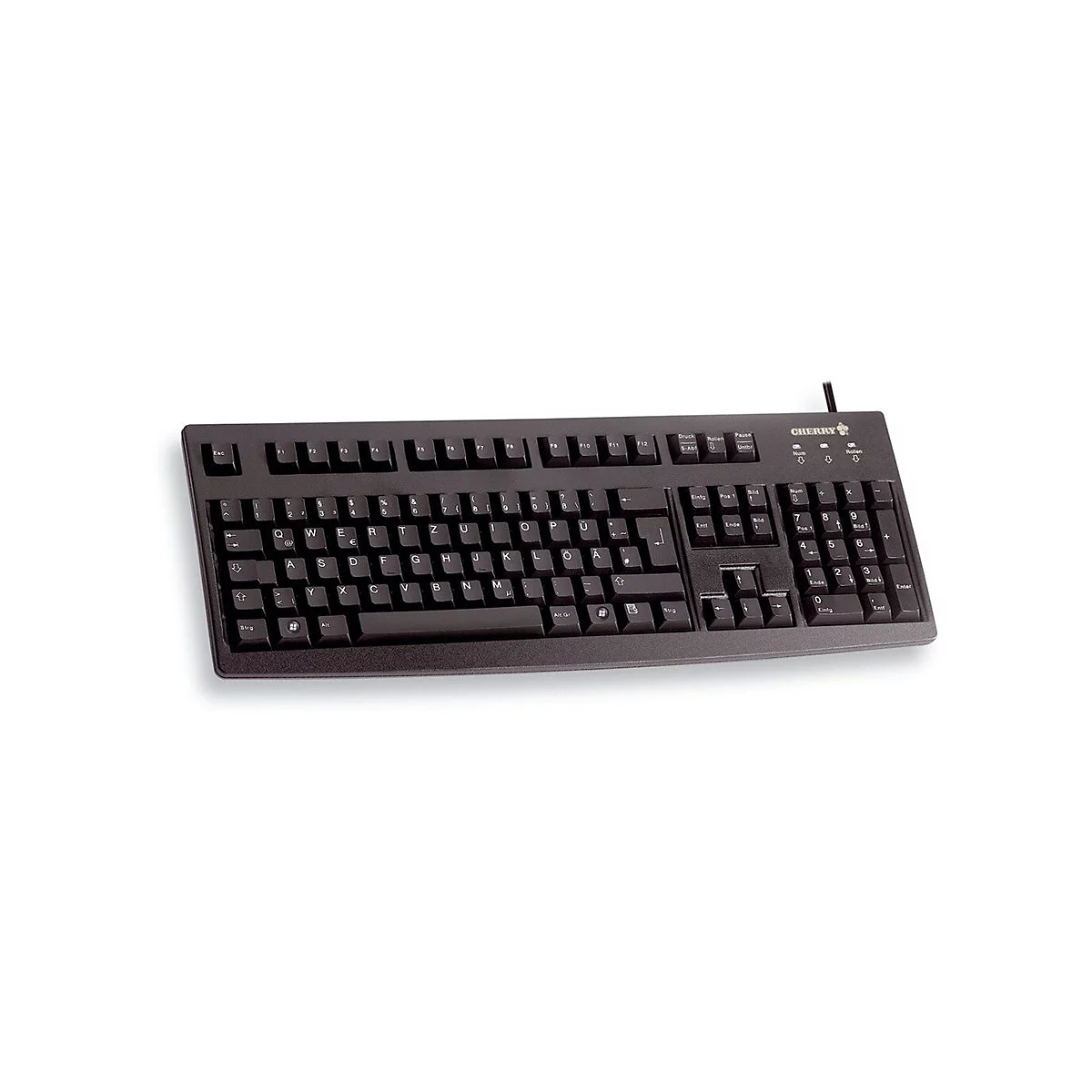 Schwarze Cherry-Tastatur, Draufsicht. Buchstaben, Ziffern und Symbole auf den Tasten. Cherry-Logo oben rechts.