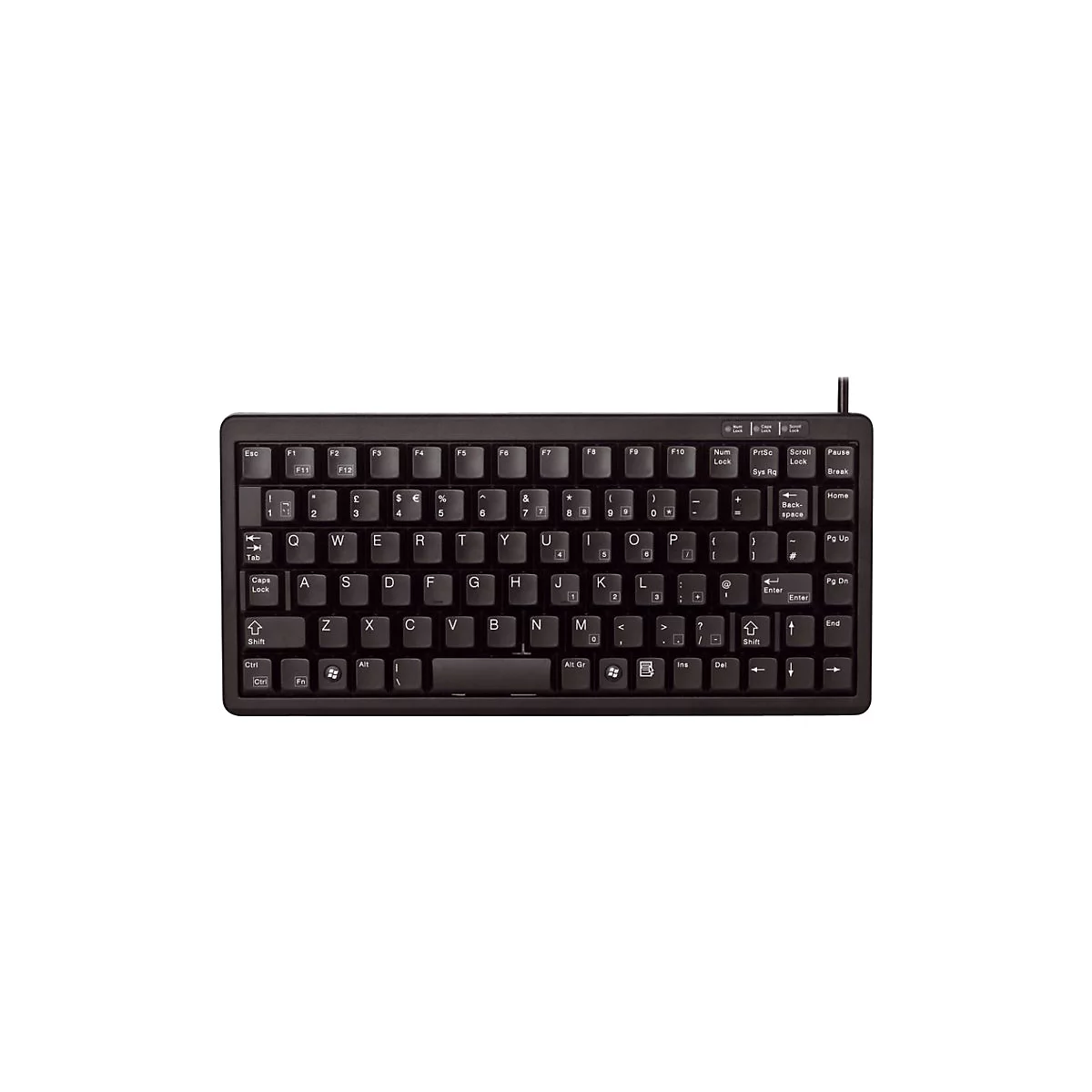 Schwarze, kompakte Tastatur mit weißer Beschriftung. Buchstaben, Zahlen und Sonderzeichen sind deutlich erkennbar. Ein Kabel ragt heraus.